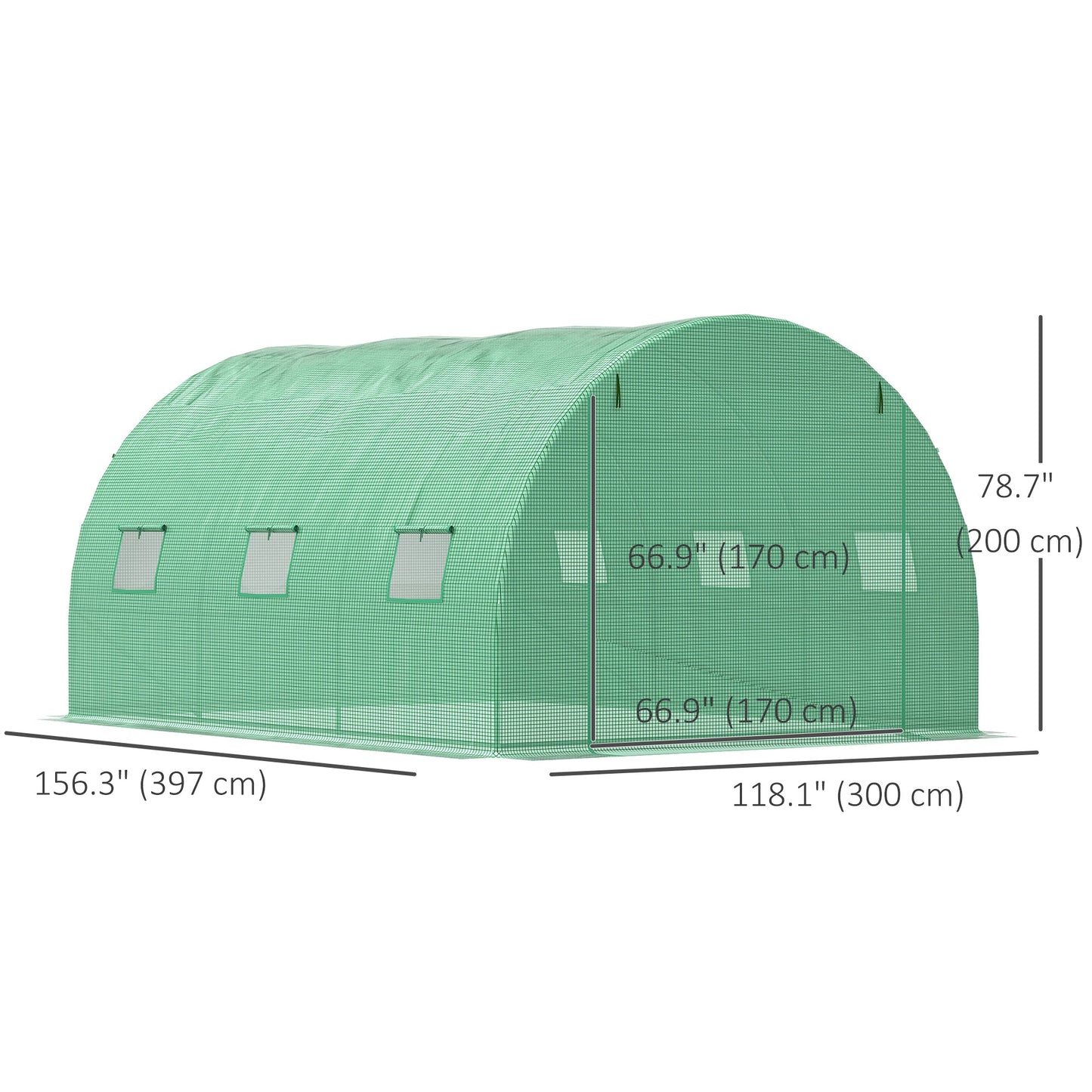 13' x 10' x 6.6'  Walk-in Polytunnel Greenhouse, Outdoor Garden Tunnel Greenhouse Tent with Zipped Roll-Up Door and 6 Mesh Windows, Green