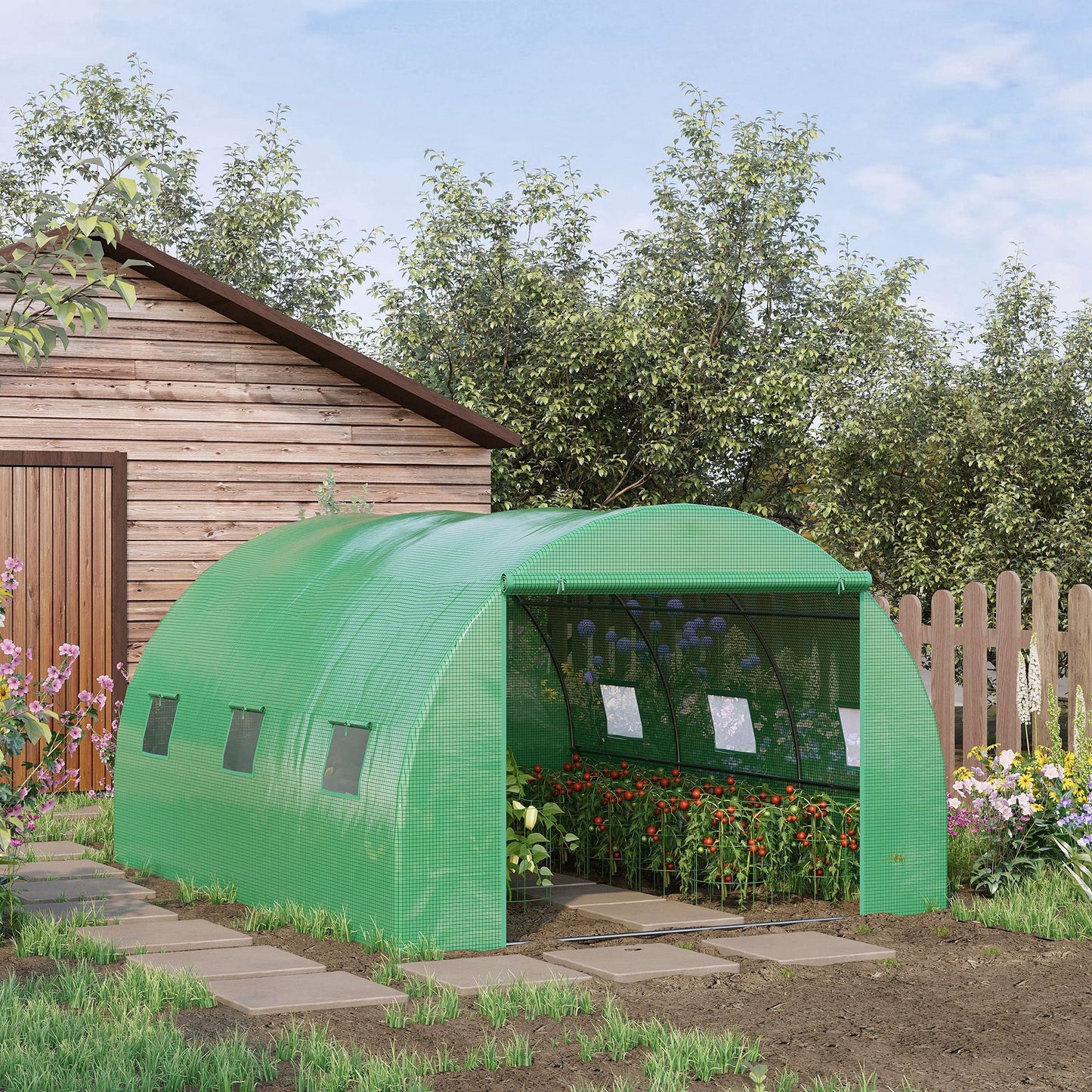 13' x 10' x 6.6'  Walk-in Polytunnel Greenhouse, Outdoor Garden Tunnel Greenhouse Tent with Zipped Roll-Up Door and 6 Mesh Windows, Green