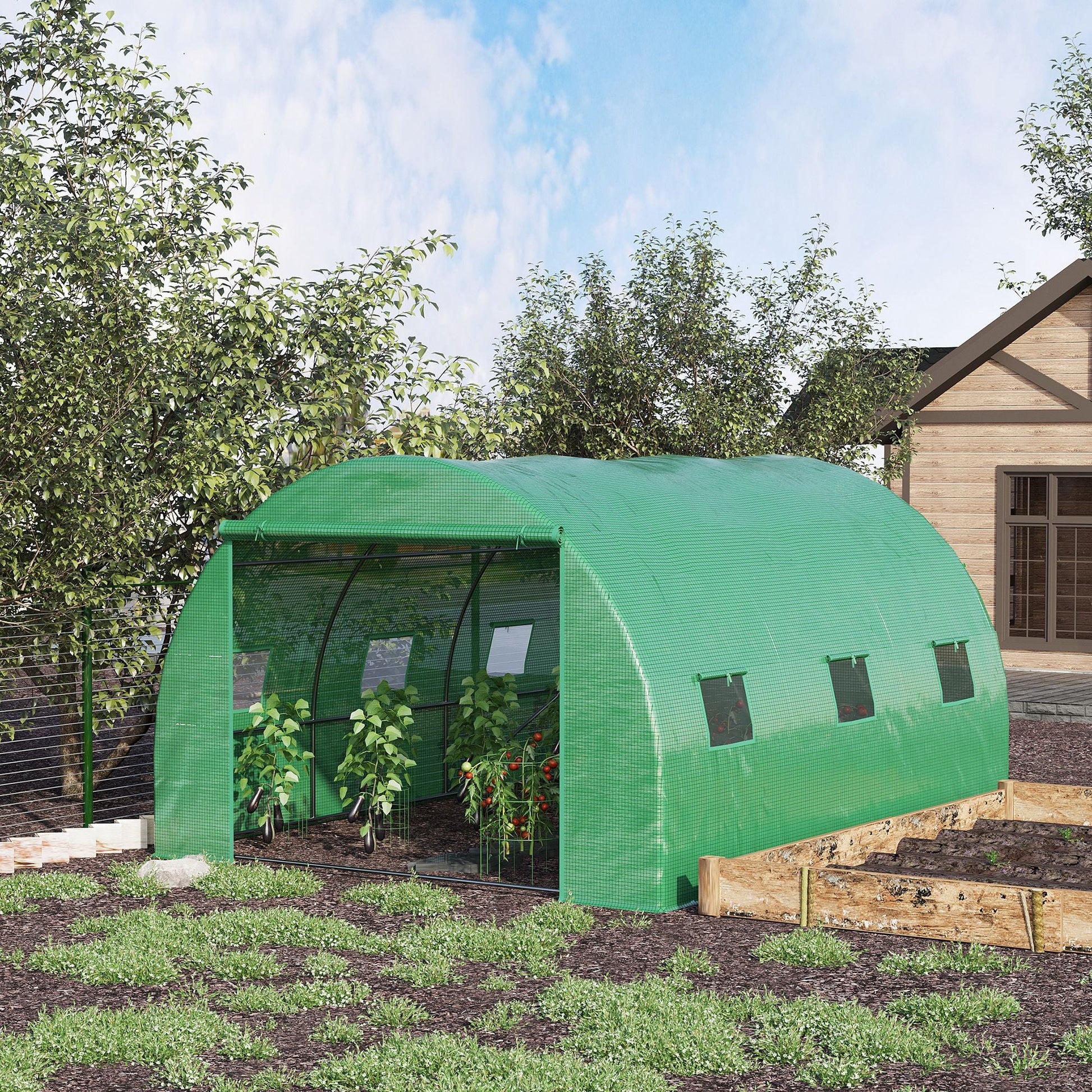 13' x 10' x 6.6'  Walk-in Polytunnel Greenhouse, Outdoor Garden Tunnel Greenhouse Tent with Zipped Roll-Up Door and 6 Mesh Windows, Green
