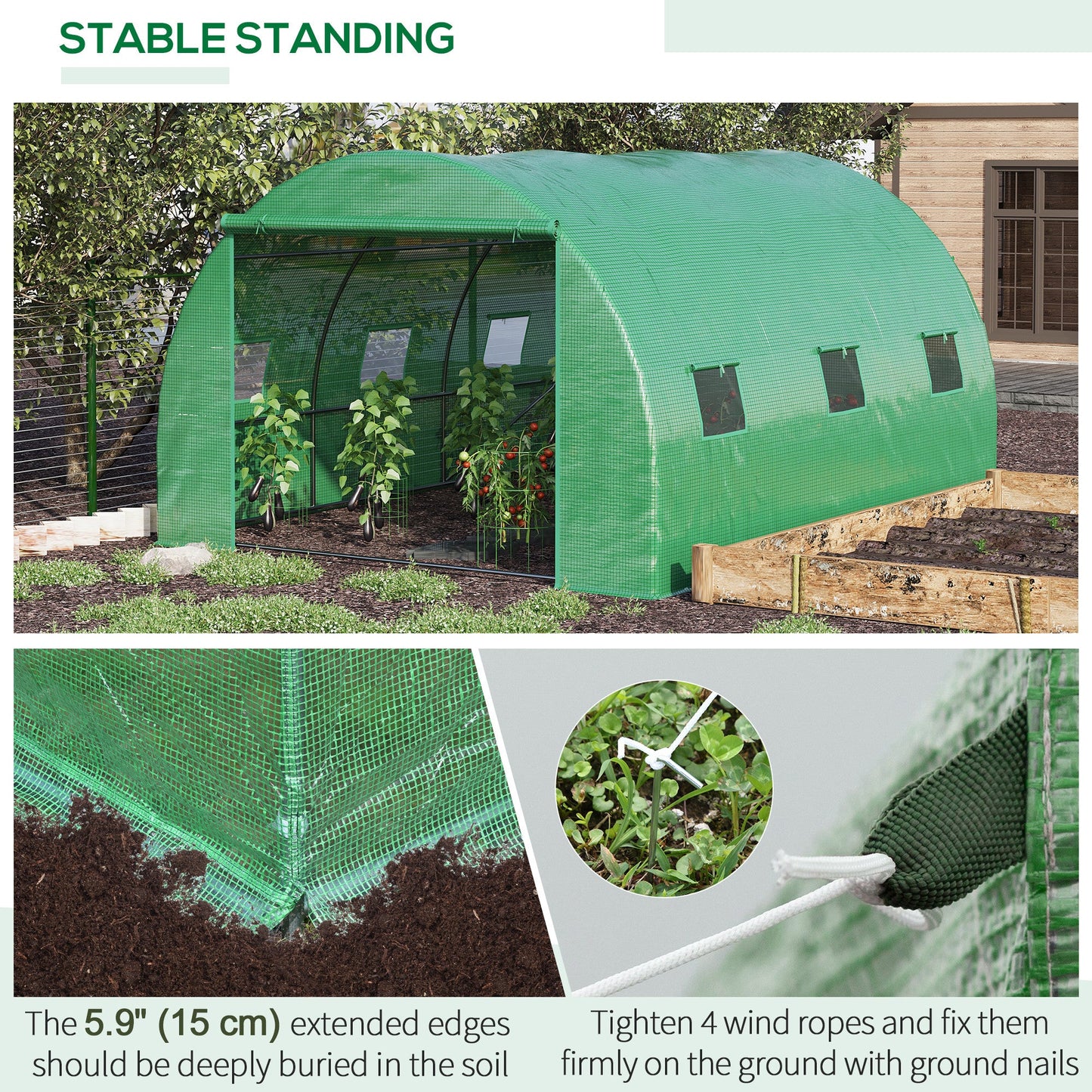 13' x 10' x 6.6'  Walk-in Polytunnel Greenhouse, Outdoor Garden Tunnel Greenhouse Tent with Zipped Roll-Up Door and 6 Mesh Windows, Green