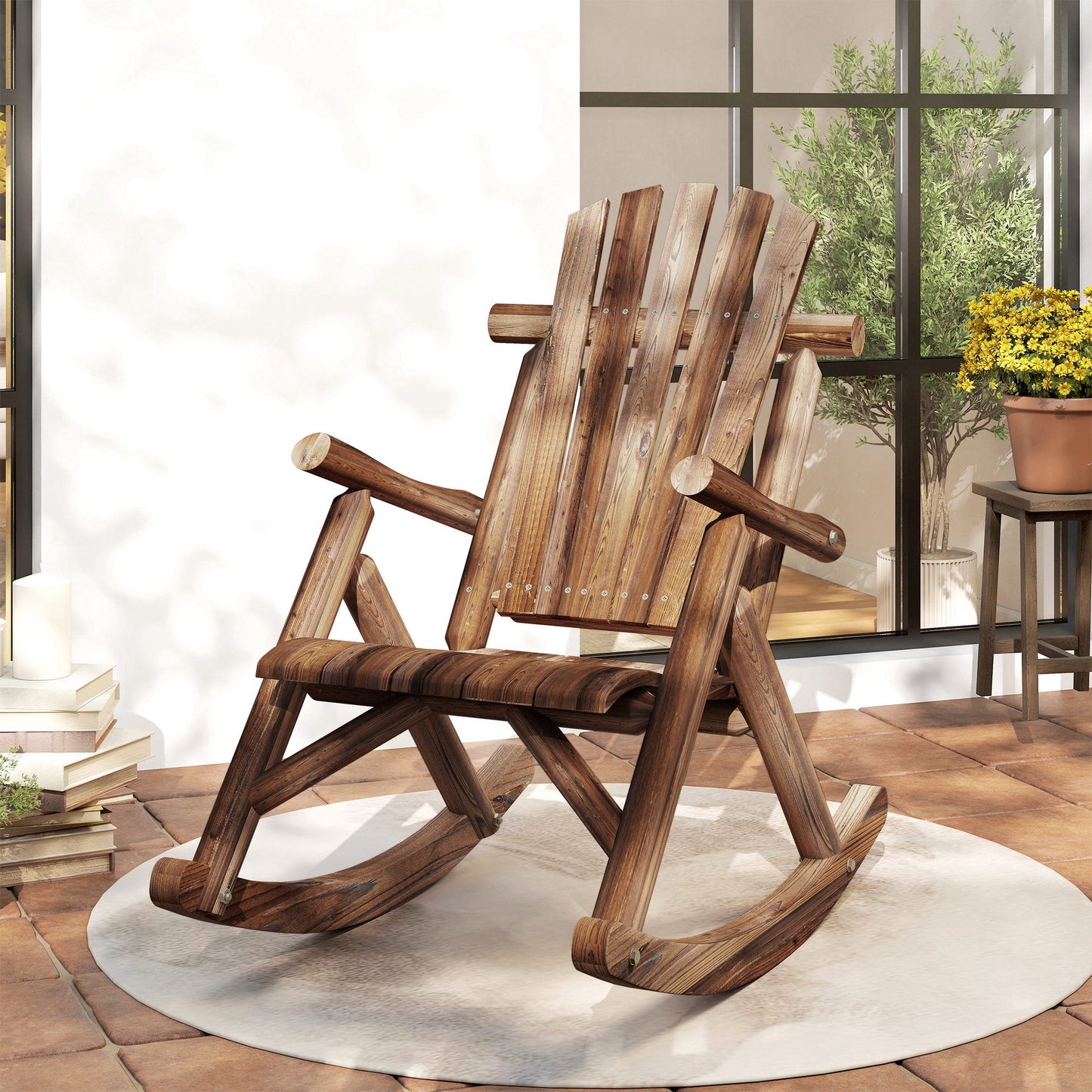 Outdoor Rocking Chair, Wooden Adirondack Outdoor Rocker with High Back and Slatted Seat, Oversized Rustic Patio Rocking Chair for Garden, Porch, Yard, Balcony, Carbonized