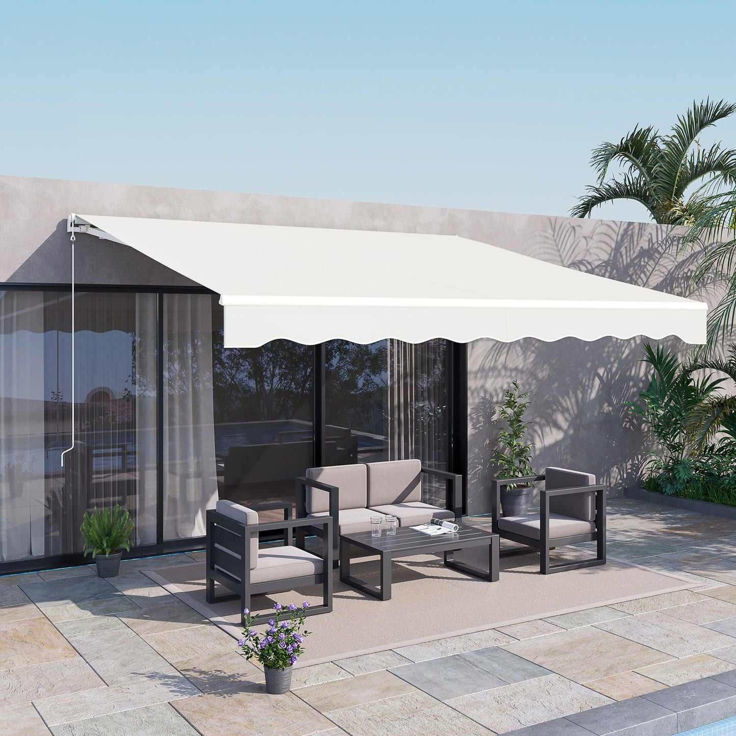 12' x 10' Electric Awning, Retractable Awning Sun Shade Shelter with Remote Controller, Manual Crank Handle and Aluminum Frame, for Deck, Balcony, Yard, Cream White
