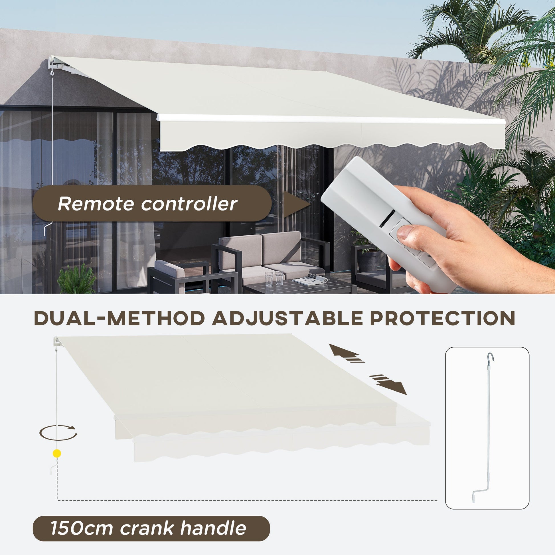 12' x 10' Electric Awning, Retractable Awning Sun Shade Shelter with Remote Controller, Manual Crank Handle and Aluminum Frame, for Deck, Balcony, Yard, Cream White