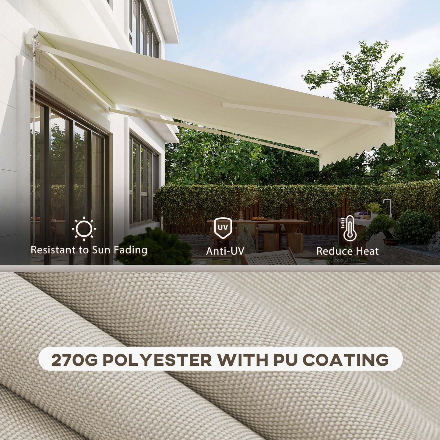 12' x 10' Electric Awning, Retractable Awning Sun Shade Shelter with Remote Controller, Manual Crank Handle and Aluminum Frame, for Deck, Balcony, Yard, Cream White