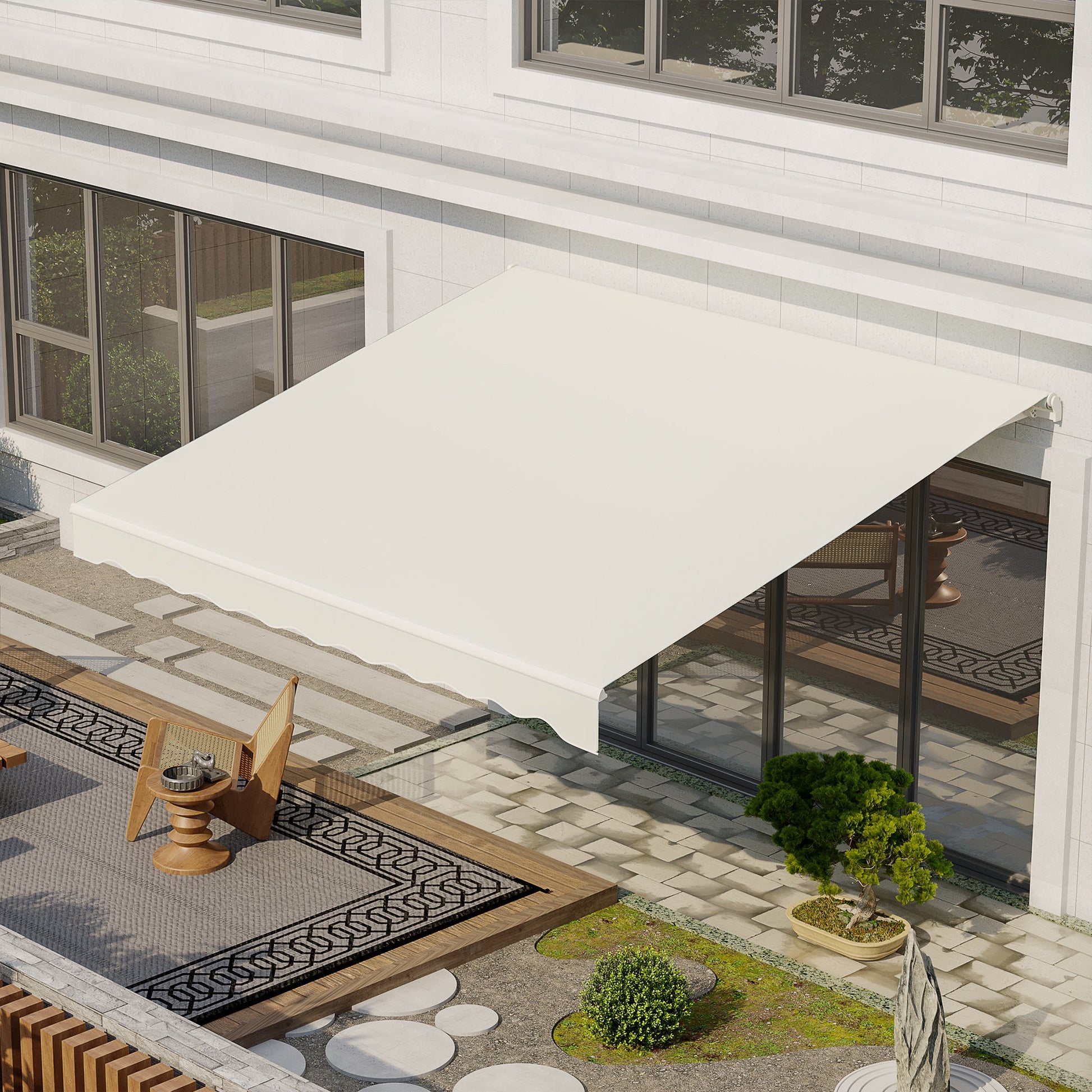 12' x 10' Electric Awning, Retractable Awning Sun Shade Shelter with Remote Controller, Manual Crank Handle and Aluminum Frame, for Deck, Balcony, Yard, Cream White