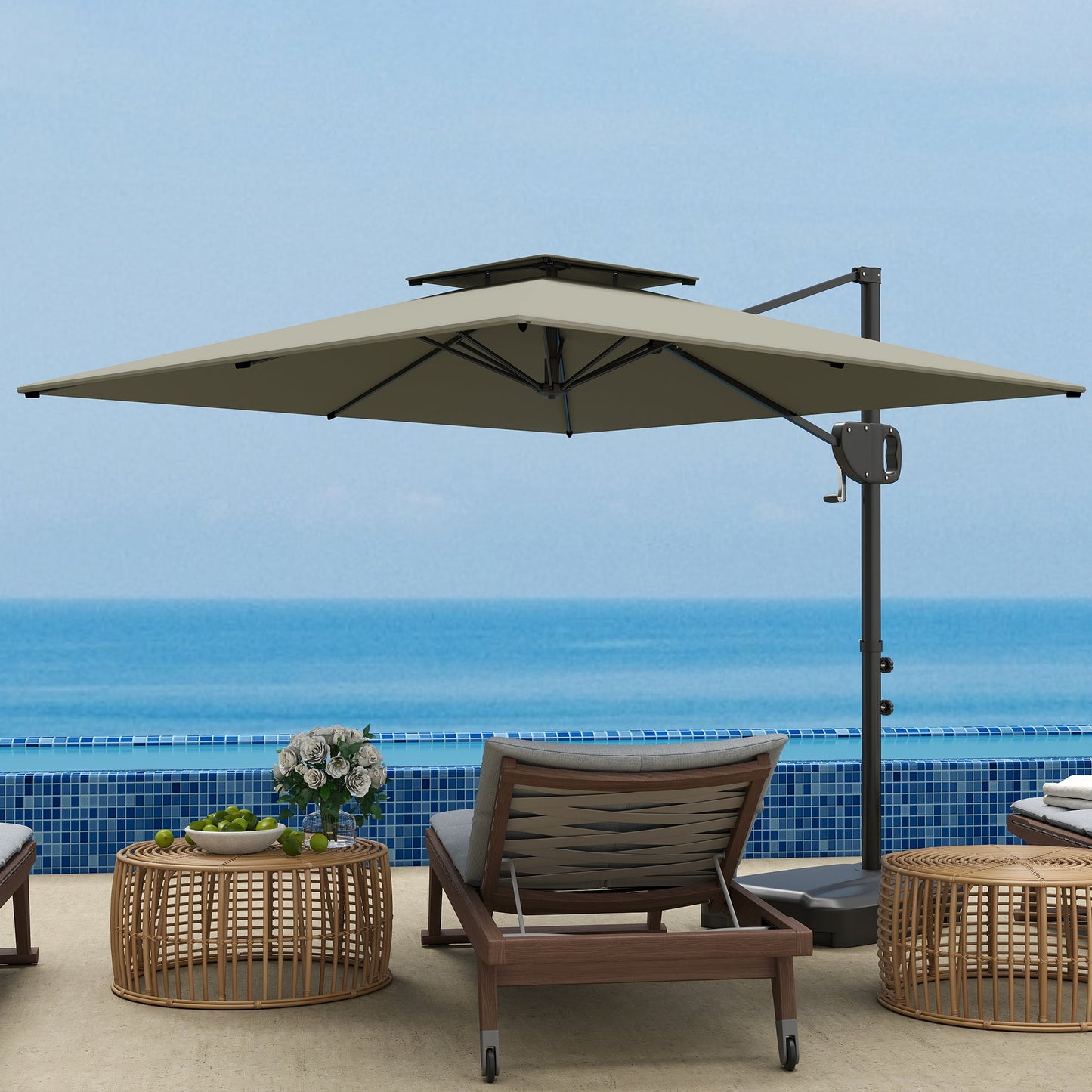 8' x 9' Square Cantilever Patio Umbrella with Fillable Base, Double Top Patio Hanging Offset Umbrella, Outdoor Cantilever Parasol with Crank & Tilt, Light Grey