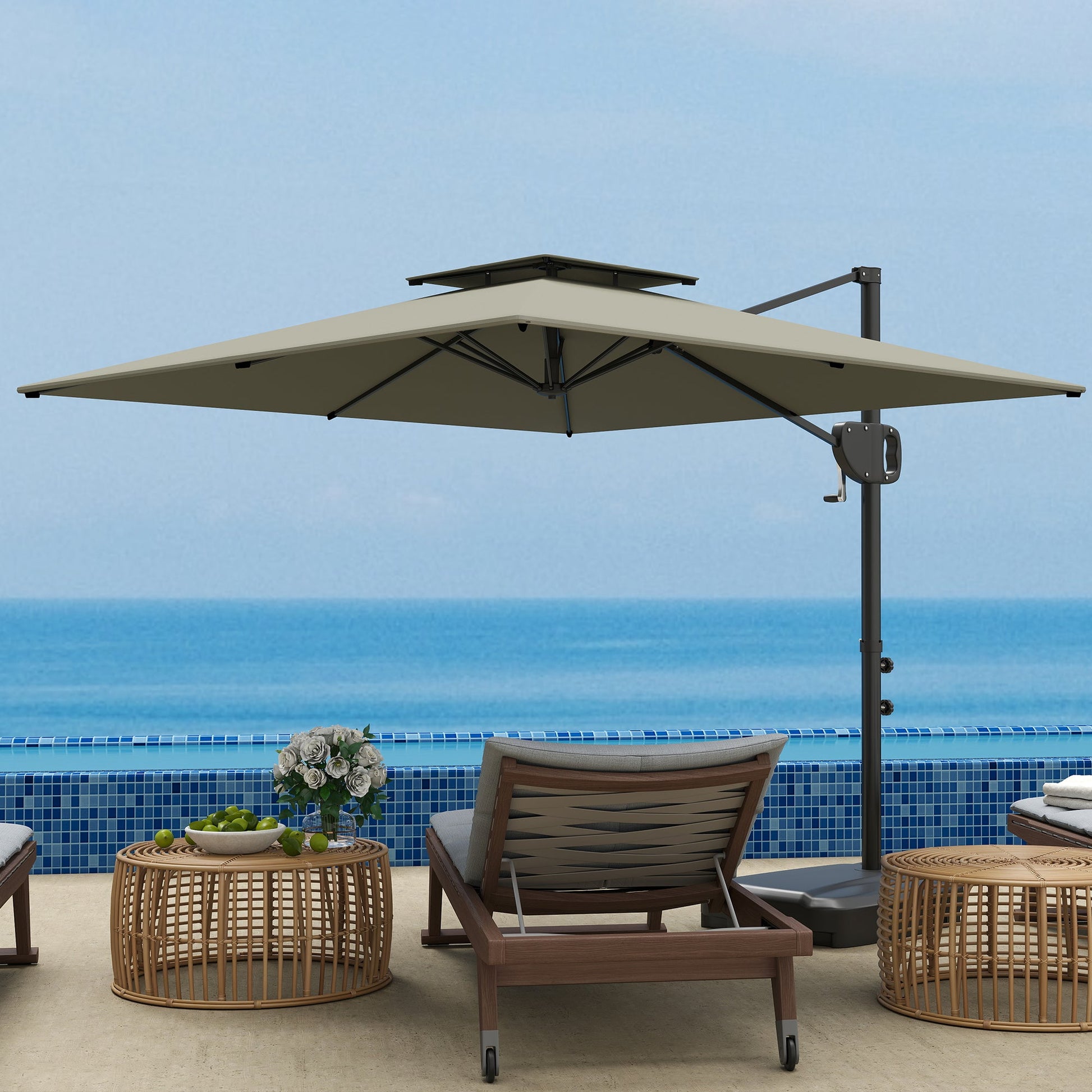 8' x 9' Square Cantilever Patio Umbrella with Fillable Base, Double Top Patio Hanging Offset Umbrella, Outdoor Cantilever Parasol with Crank & Tilt, Light Grey