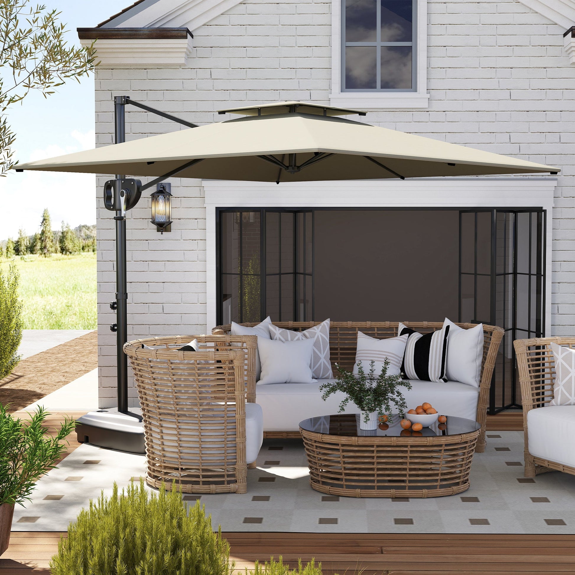 8' x 9' Square Cantilever Patio Umbrella with Fillable Base, Double Top Patio Hanging Offset Umbrella, Outdoor Cantilever Parasol with Crank & Tilt, Light Grey