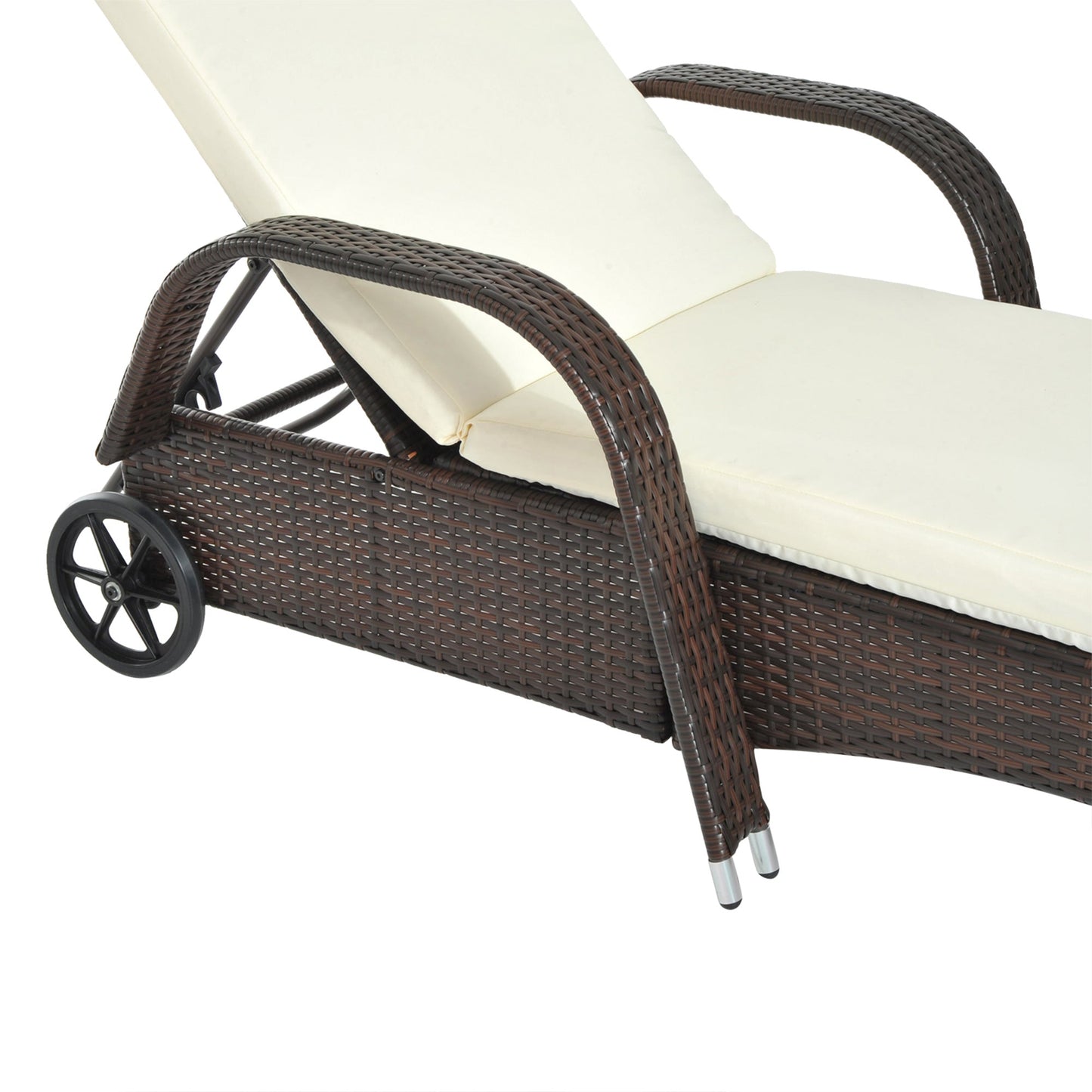 Wicker Chaise Lounge, Outdoor Lounge Chair, PE Rattan Patio Sun lounger with Head-rest, 5-Level Height Adjust Backrest, Cushion & Wheels, Mixed Brown and Cream White