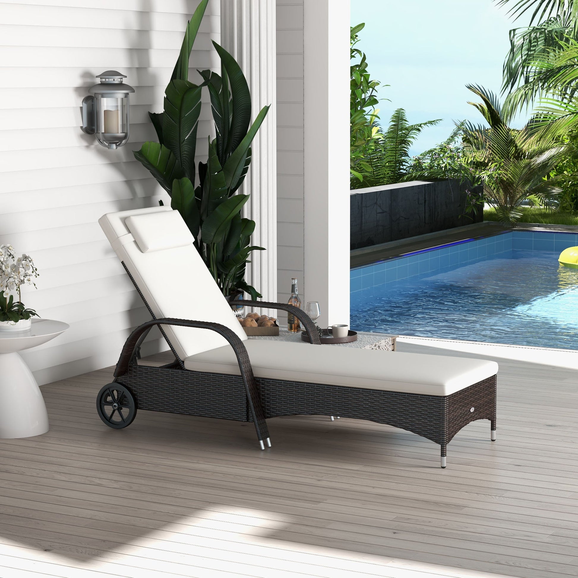 Wicker Chaise Lounge, Outdoor Lounge Chair, PE Rattan Patio Sun lounger with Head-rest, 5-Level Height Adjust Backrest, Cushion & Wheels, Mixed Brown and Cream White
