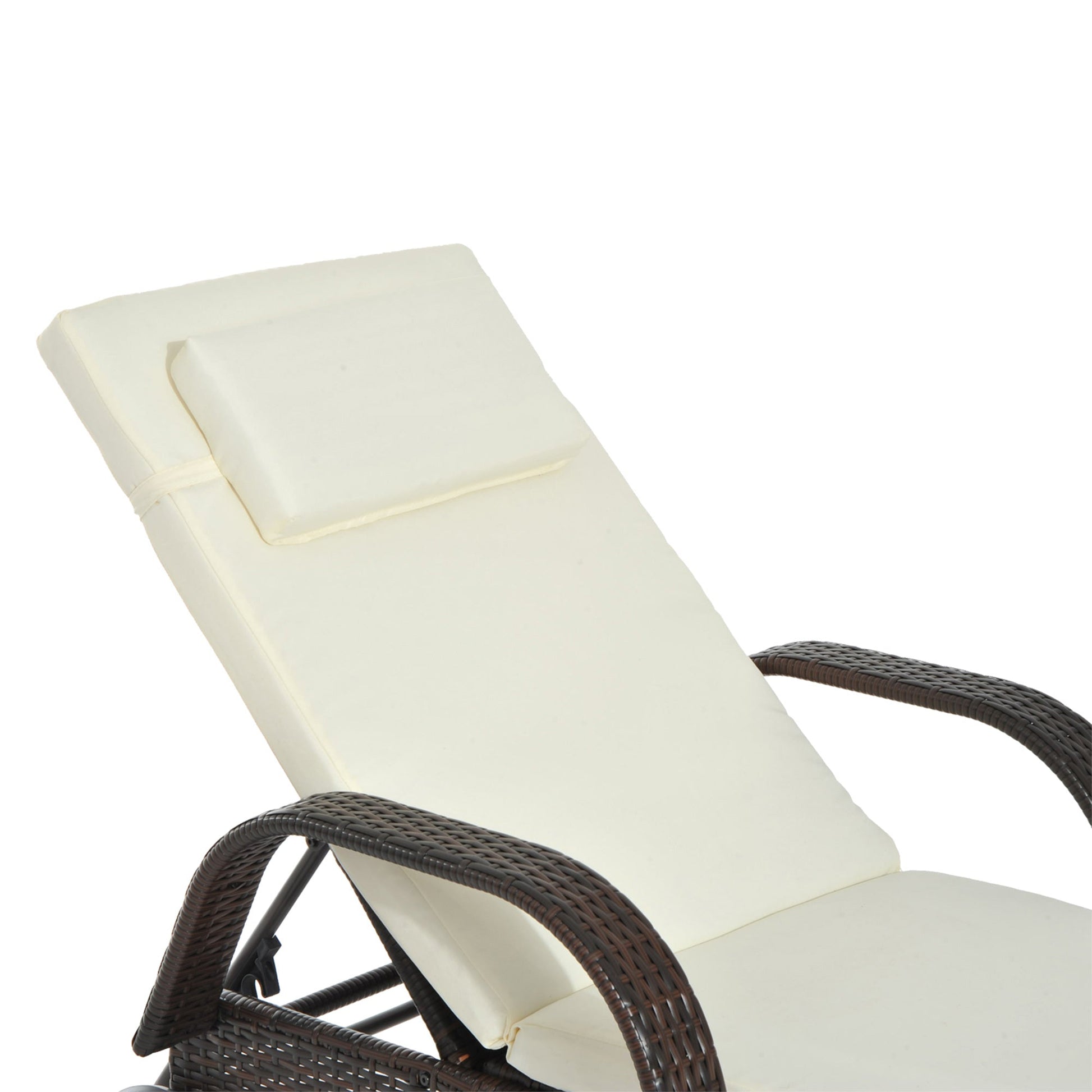 Wicker Chaise Lounge, Outdoor Lounge Chair, PE Rattan Patio Sun lounger with Head-rest, 5-Level Height Adjust Backrest, Cushion & Wheels, Mixed Brown and Cream White