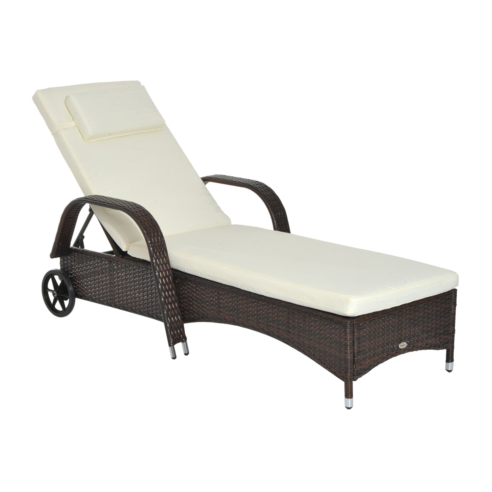 Wicker Chaise Lounge, Outdoor Lounge Chair, PE Rattan Patio Sun lounger with Head-rest, 5-Level Height Adjust Backrest, Cushion & Wheels, Mixed Brown and Cream White