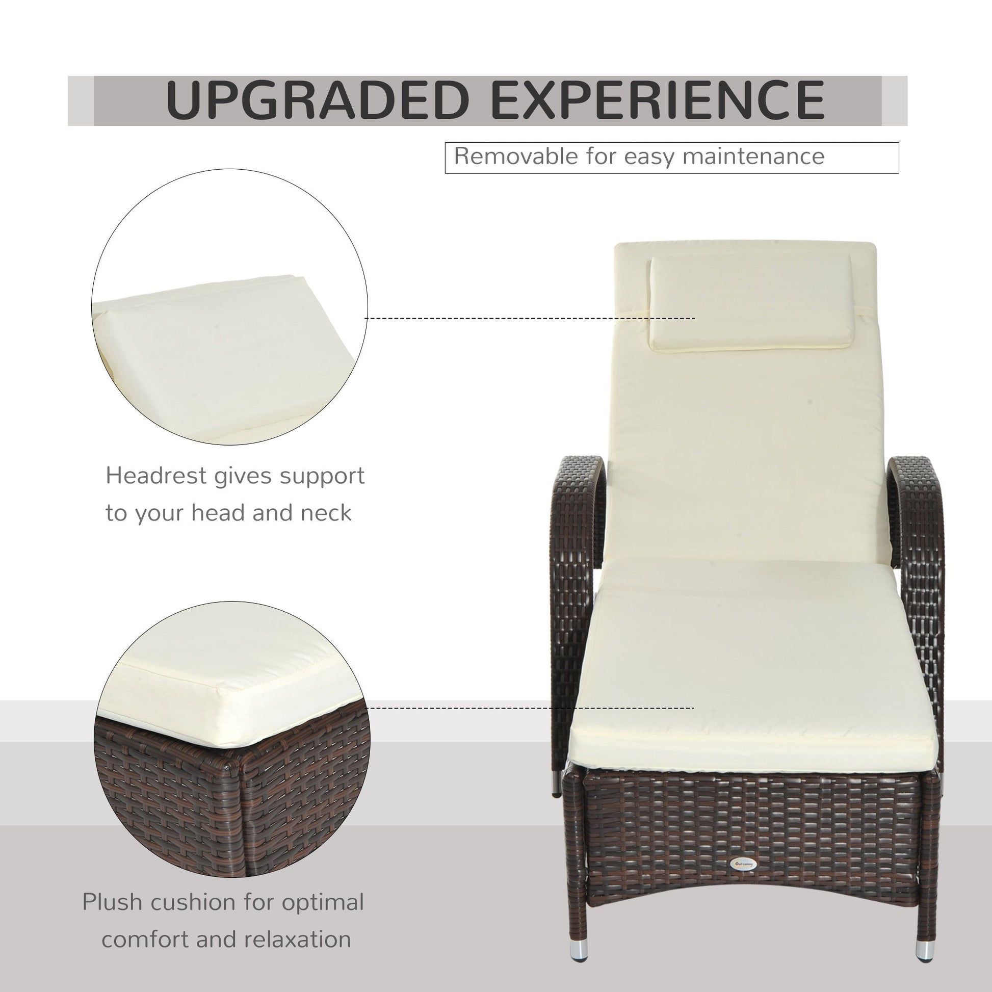 Wicker Chaise Lounge, Outdoor Lounge Chair, PE Rattan Patio Sun lounger with Head-rest, 5-Level Height Adjust Backrest, Cushion & Wheels, Mixed Brown and Cream White