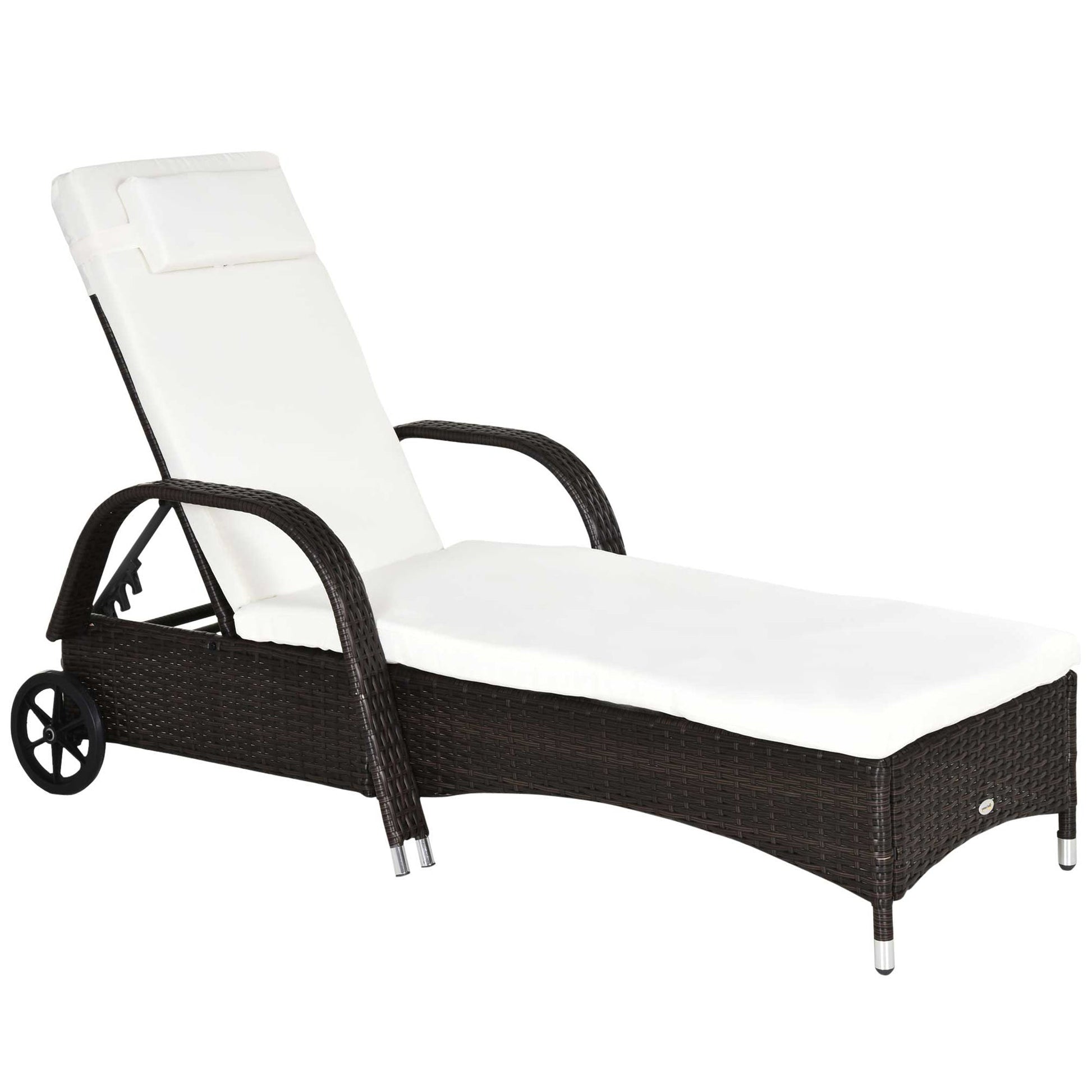 Wicker Chaise Lounge, Outdoor Lounge Chair, PE Rattan Patio Sun lounger with Head-rest, 5-Level Height Adjust Backrest, Cushion & Wheels, Mixed Brown and Cream White