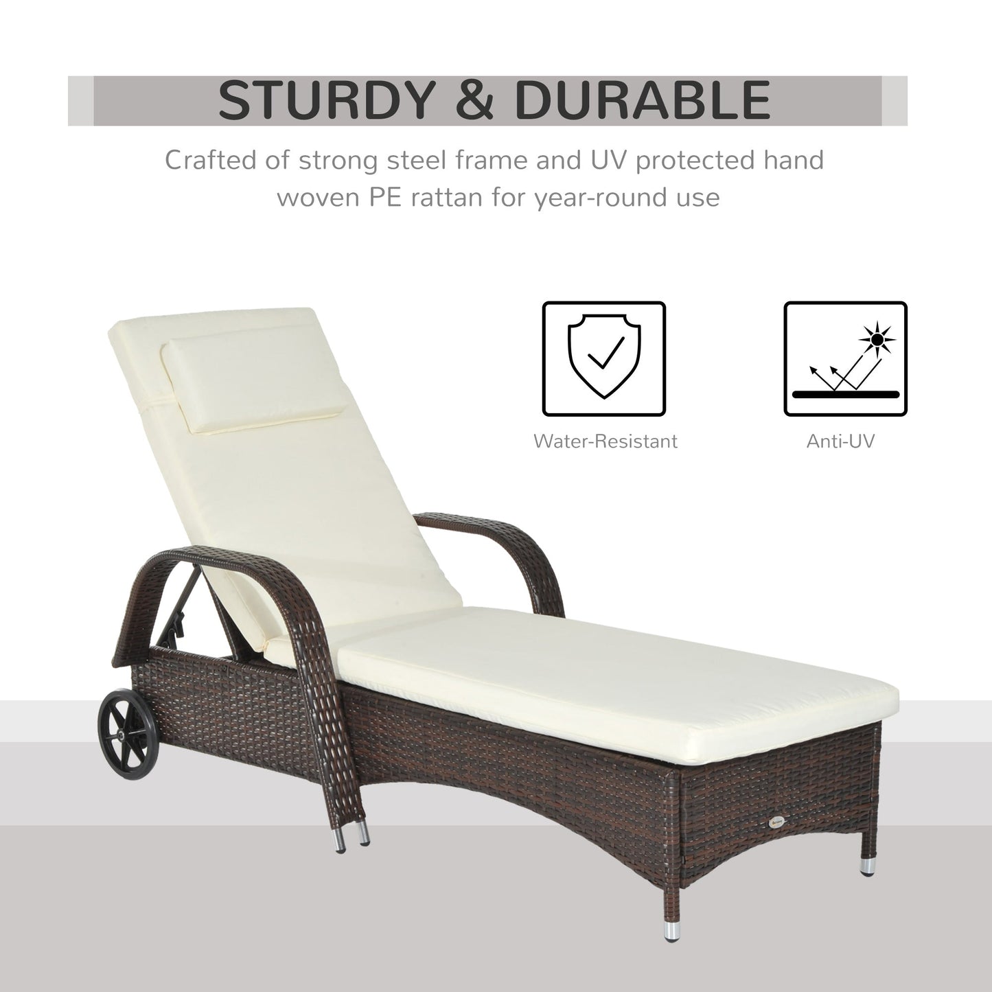 Wicker Chaise Lounge, Outdoor Lounge Chair, PE Rattan Patio Sun lounger with Head-rest, 5-Level Height Adjust Backrest, Cushion & Wheels, Mixed Brown and Cream White