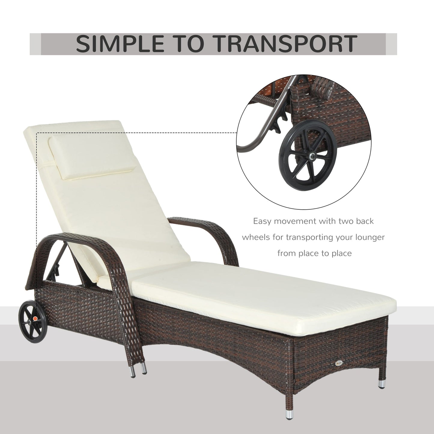 Wicker Chaise Lounge, Outdoor Lounge Chair, PE Rattan Patio Sun lounger with Head-rest, 5-Level Height Adjust Backrest, Cushion & Wheels, Mixed Brown and Cream White