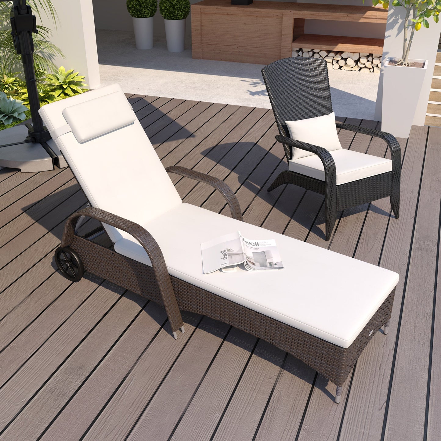 Wicker Chaise Lounge, Outdoor Lounge Chair, PE Rattan Patio Sun lounger with Head-rest, 5-Level Height Adjust Backrest, Cushion & Wheels, Mixed Brown and Cream White