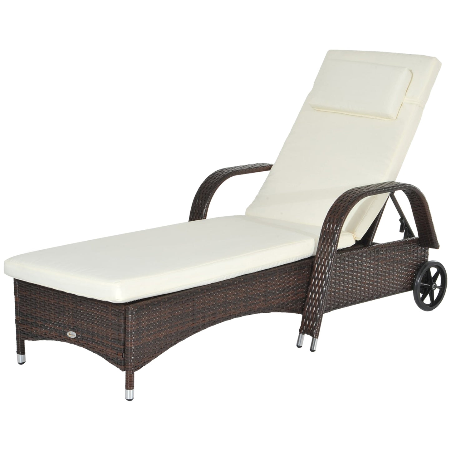Wicker Chaise Lounge, Outdoor Lounge Chair, PE Rattan Patio Sun lounger with Head-rest, 5-Level Height Adjust Backrest, Cushion & Wheels, Mixed Brown and Cream White