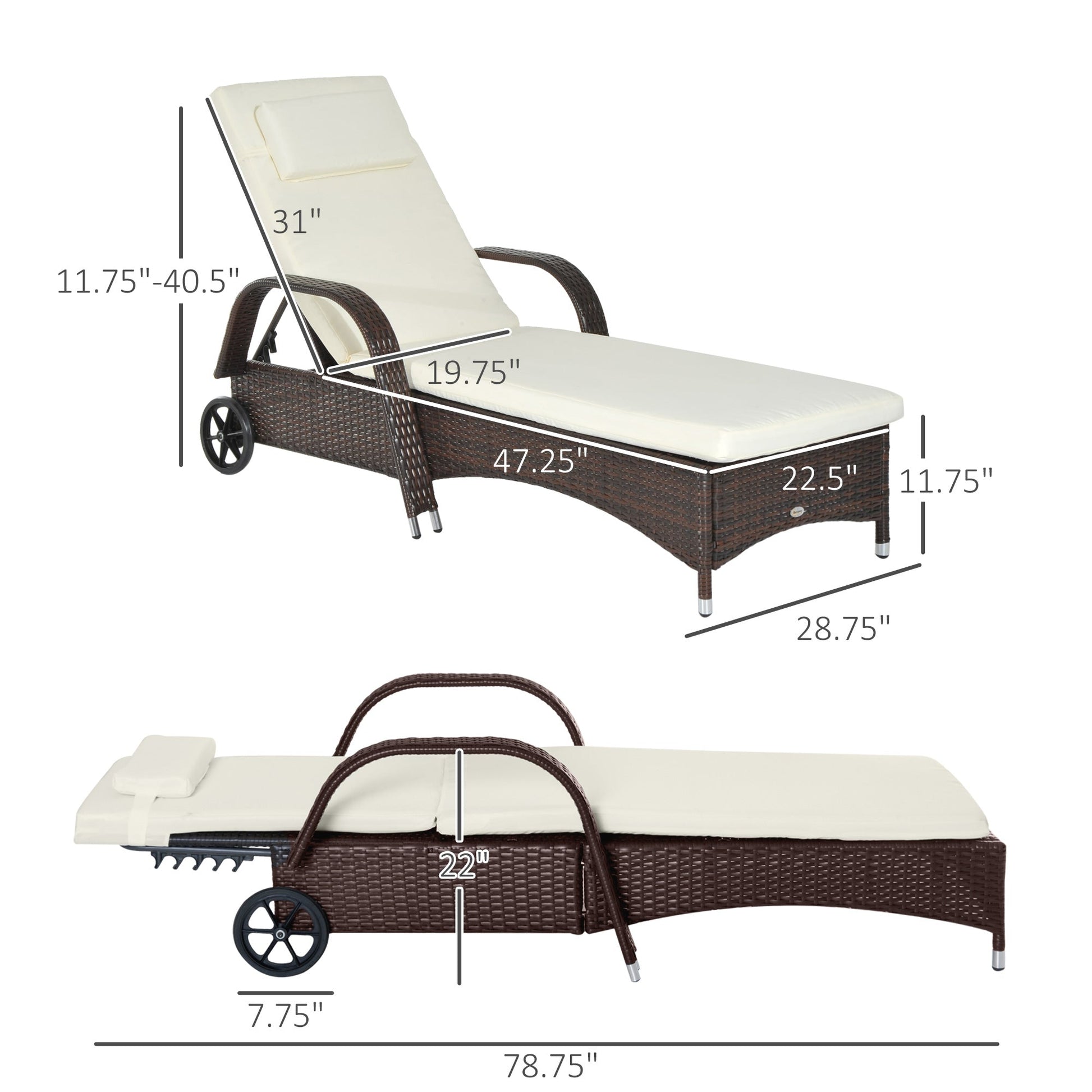 Wicker Chaise Lounge, Outdoor Lounge Chair, PE Rattan Patio Sun lounger with Head-rest, 5-Level Height Adjust Backrest, Cushion & Wheels, Mixed Brown and Cream White