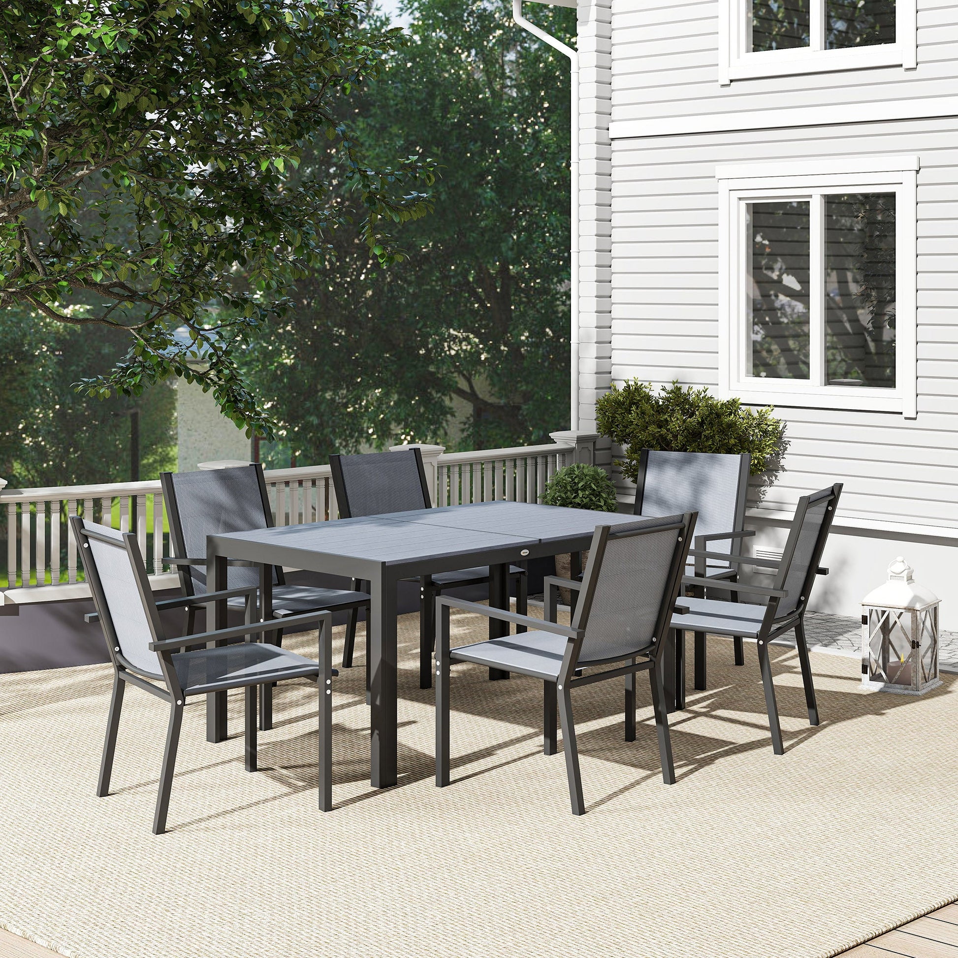 7 Piece Patio Dining Set, Outdoor Dining Table and 6 Stackable Chairs, Metal Patio Furniture Set with WPC Top, Breathable Mesh for Garden, Backyard, Poolside, Light Grey
