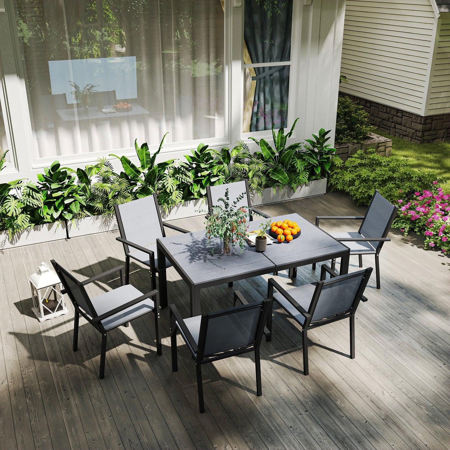 7 Piece Patio Dining Set, Outdoor Dining Table and 6 Stackable Chairs, Metal Patio Furniture Set with WPC Top, Breathable Mesh for Garden, Backyard, Poolside, Light Grey