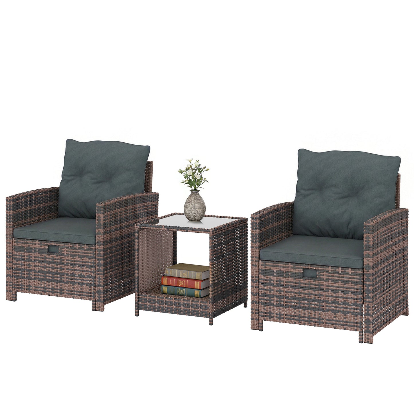 5 Piece Patio Furniture Set, Wicker Patio Chairs with Ottomans, 2-Tier Glass Coffee Table, Cushions, Outdoor Patio Furniture Conversation Set for Balcony, Brown/Dark Grey