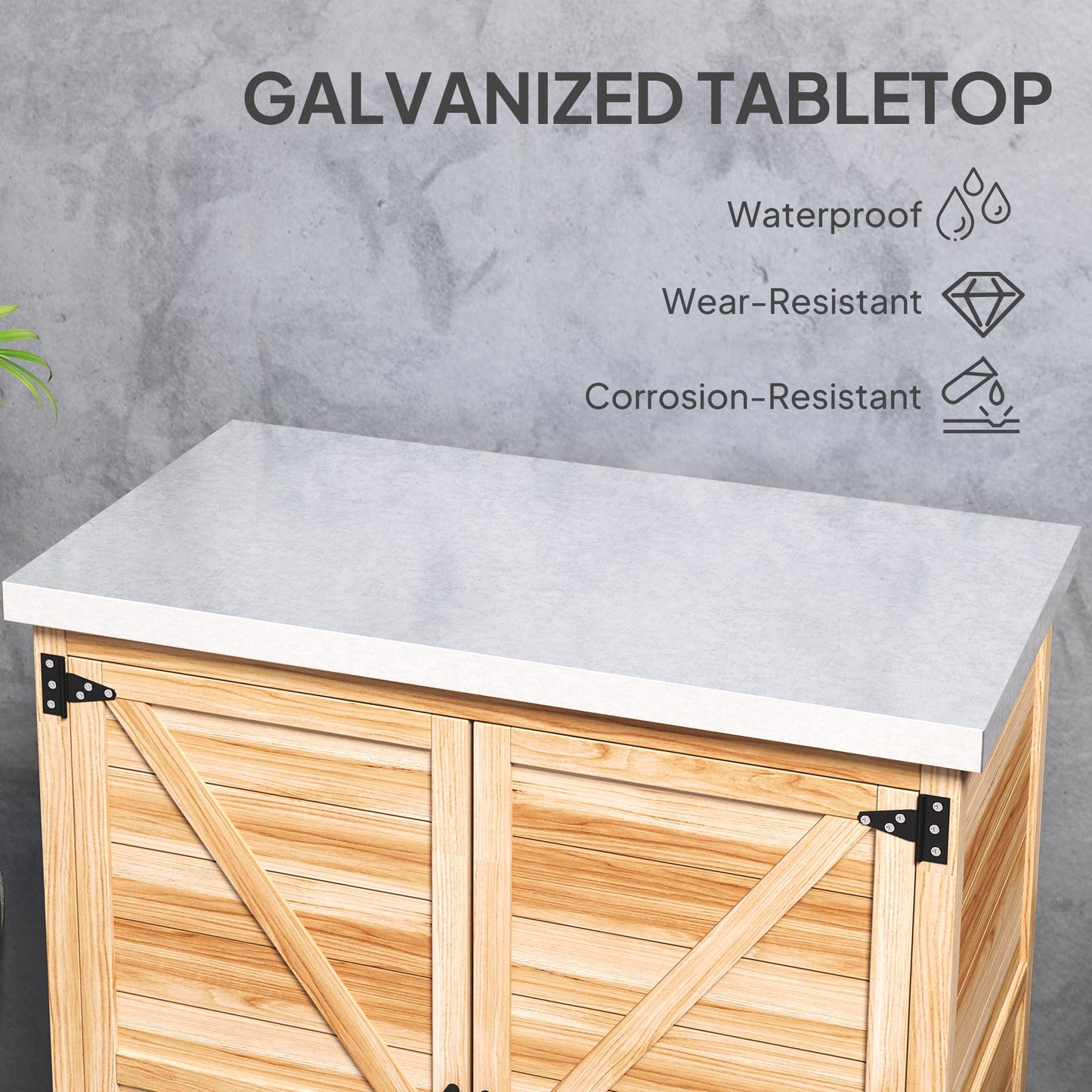 Garden Storage Cabinet, Outdoor Potting Bench Table with Metal Tabletop and Shelf, Wooden Tool Shed with Double Doors, Natural