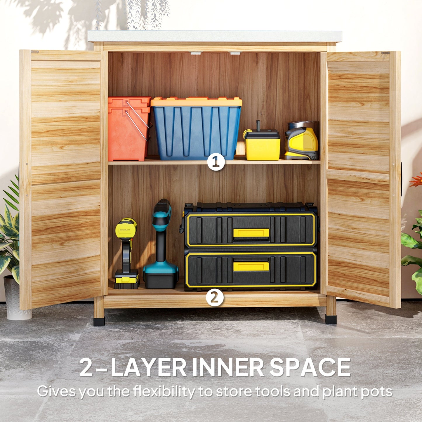 Garden Storage Cabinet, Outdoor Potting Bench Table with Metal Tabletop and Shelf, Wooden Tool Shed with Double Doors, Natural