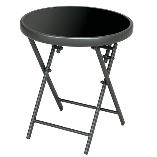 18" Outdoor Round Folding Table, Garden Side Table with Metal Frame and Tempered Glass Top for Patio, Picnic, Party, Wedding, Black
