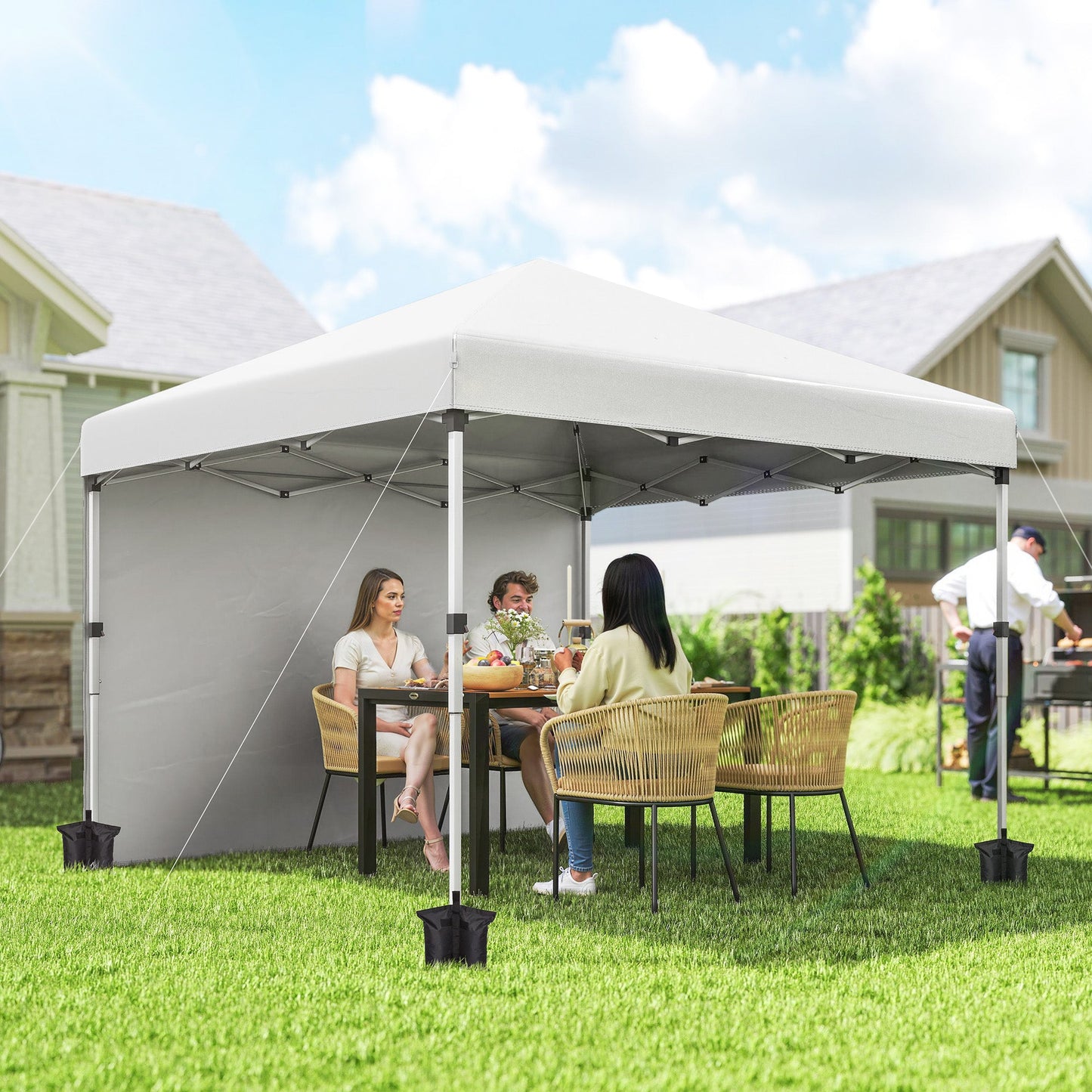 10' x 10' Pop Up Canopy Tent with Removable Sidewalls, Instant Shelter with Portable Roller Bag, 4 Sand Bags, Adjustable Height for Outdoor, Garden, Patio, White