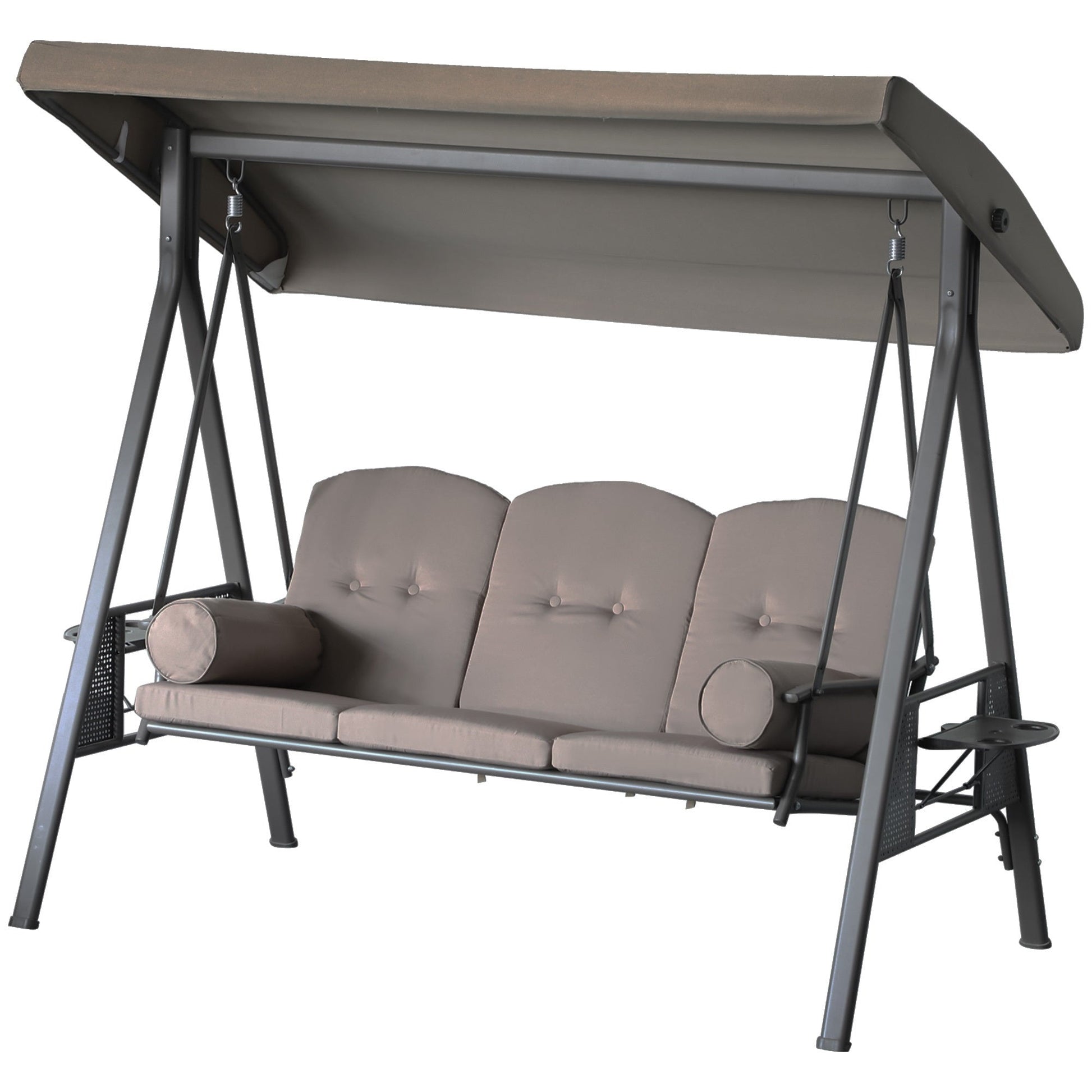 3 Seater Porch Swing Heavy Duty Outdoor Swing Chair Outdoor Lounge Hammock Cushioned Seat w/ Tilt Canopy, Brown