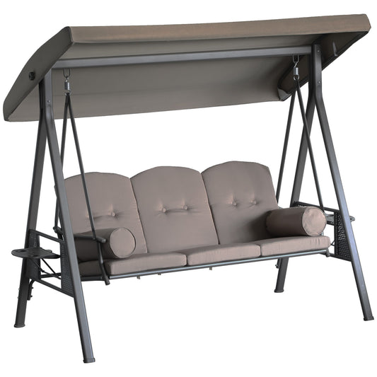 3 Seater Porch Swing Heavy Duty Outdoor Swing Chair Outdoor Lounge Hammock Cushioned Seat w/ Tilt Canopy, Brown