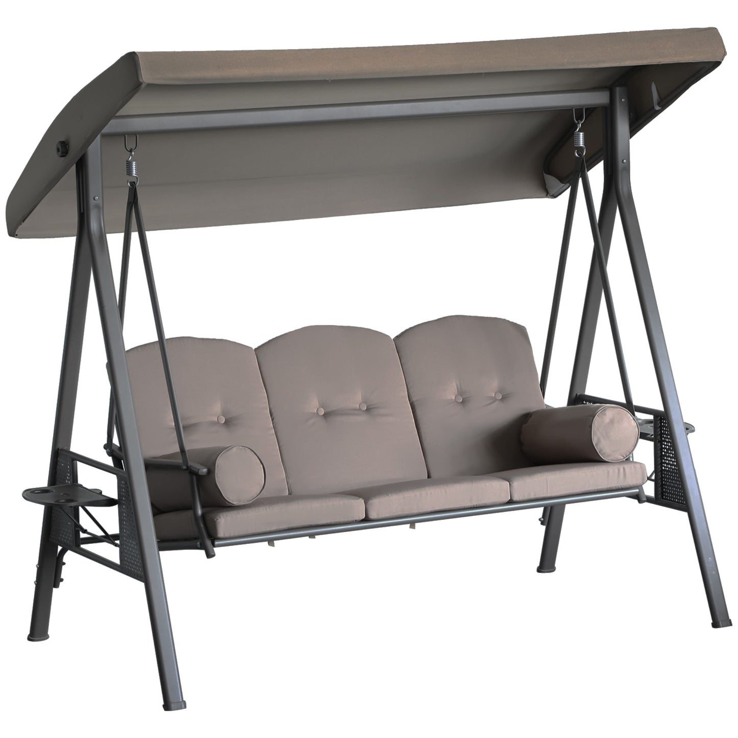 3 Seater Porch Swing Heavy Duty Outdoor Swing Chair Outdoor Lounge Hammock Cushioned Seat w/ Tilt Canopy, Brown