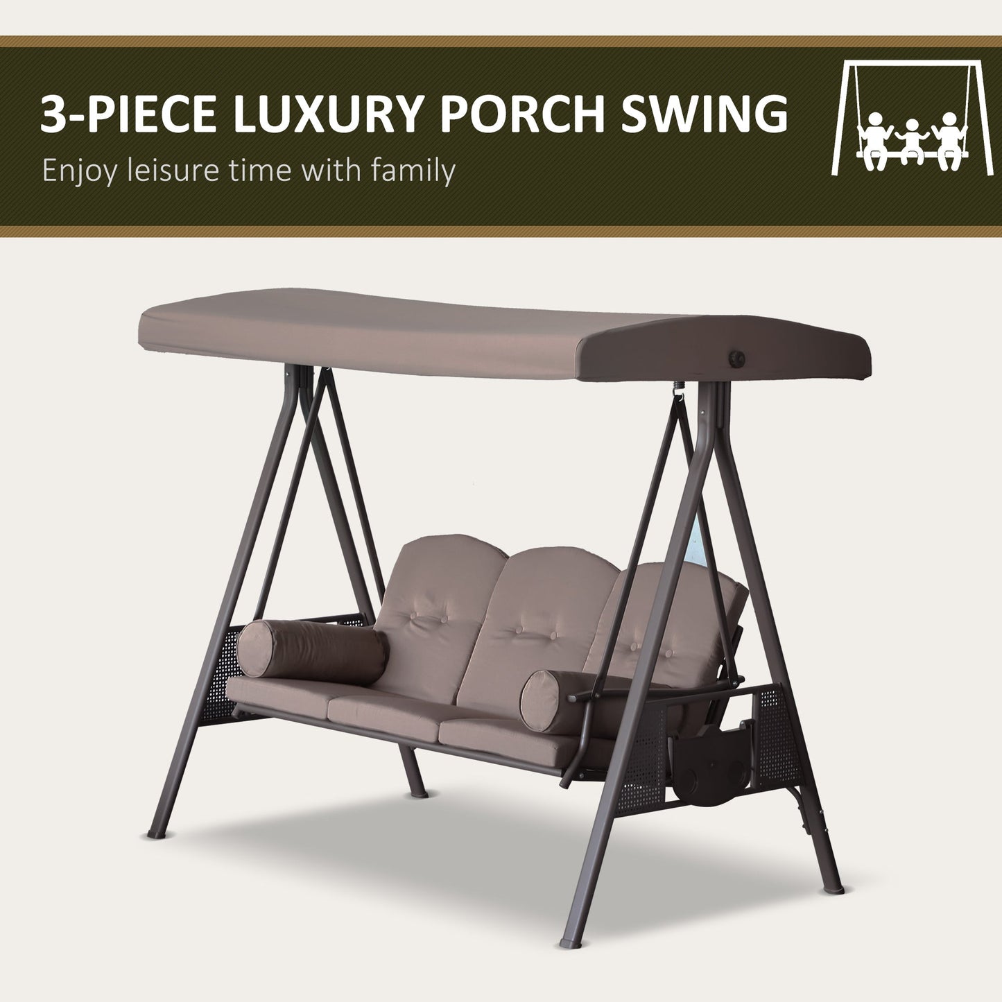 3 Seater Porch Swing Heavy Duty Outdoor Swing Chair Outdoor Lounge Hammock Cushioned Seat w/ Tilt Canopy, Brown