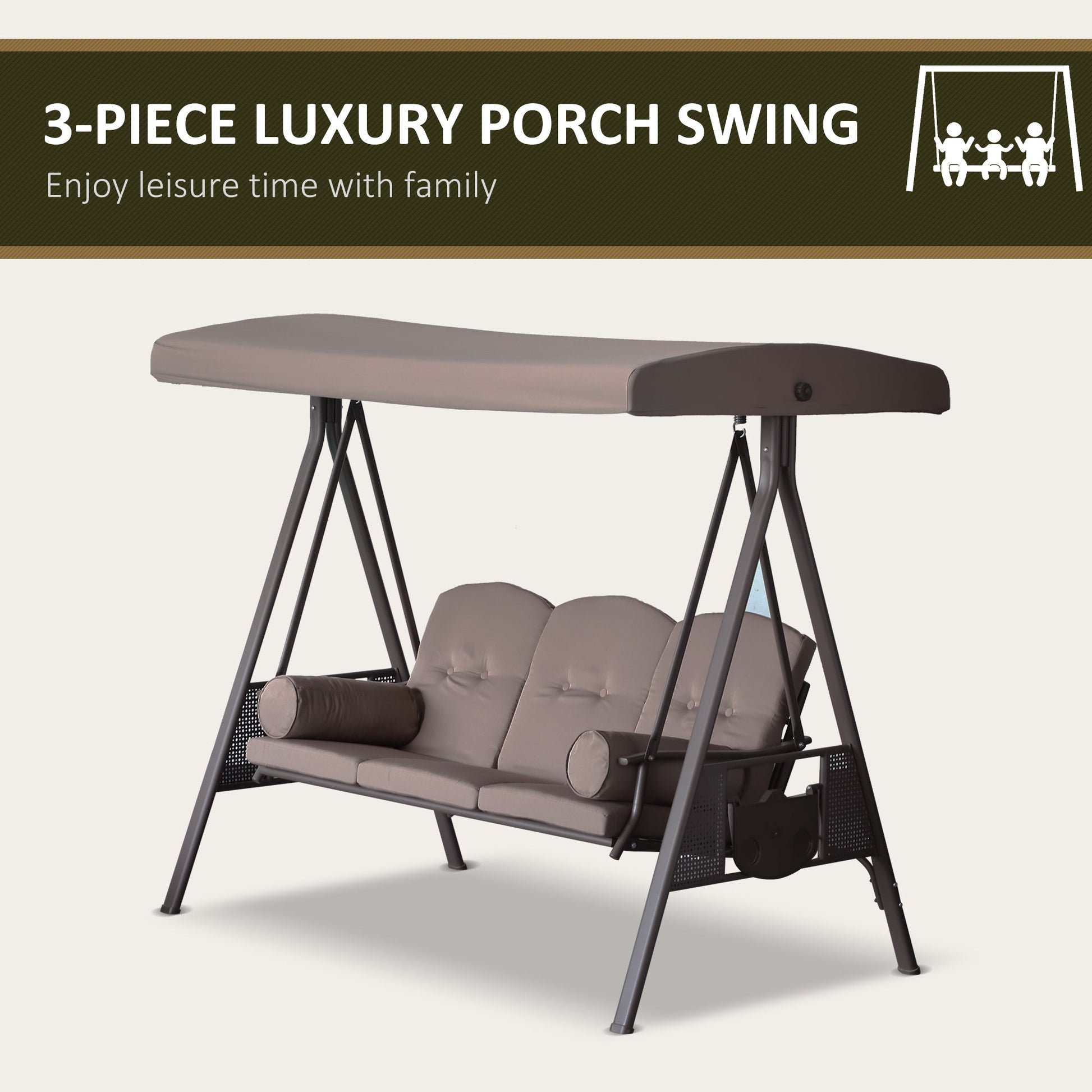 3 Seater Porch Swing Heavy Duty Outdoor Swing Chair Outdoor Lounge Hammock Cushioned Seat w/ Tilt Canopy, Brown
