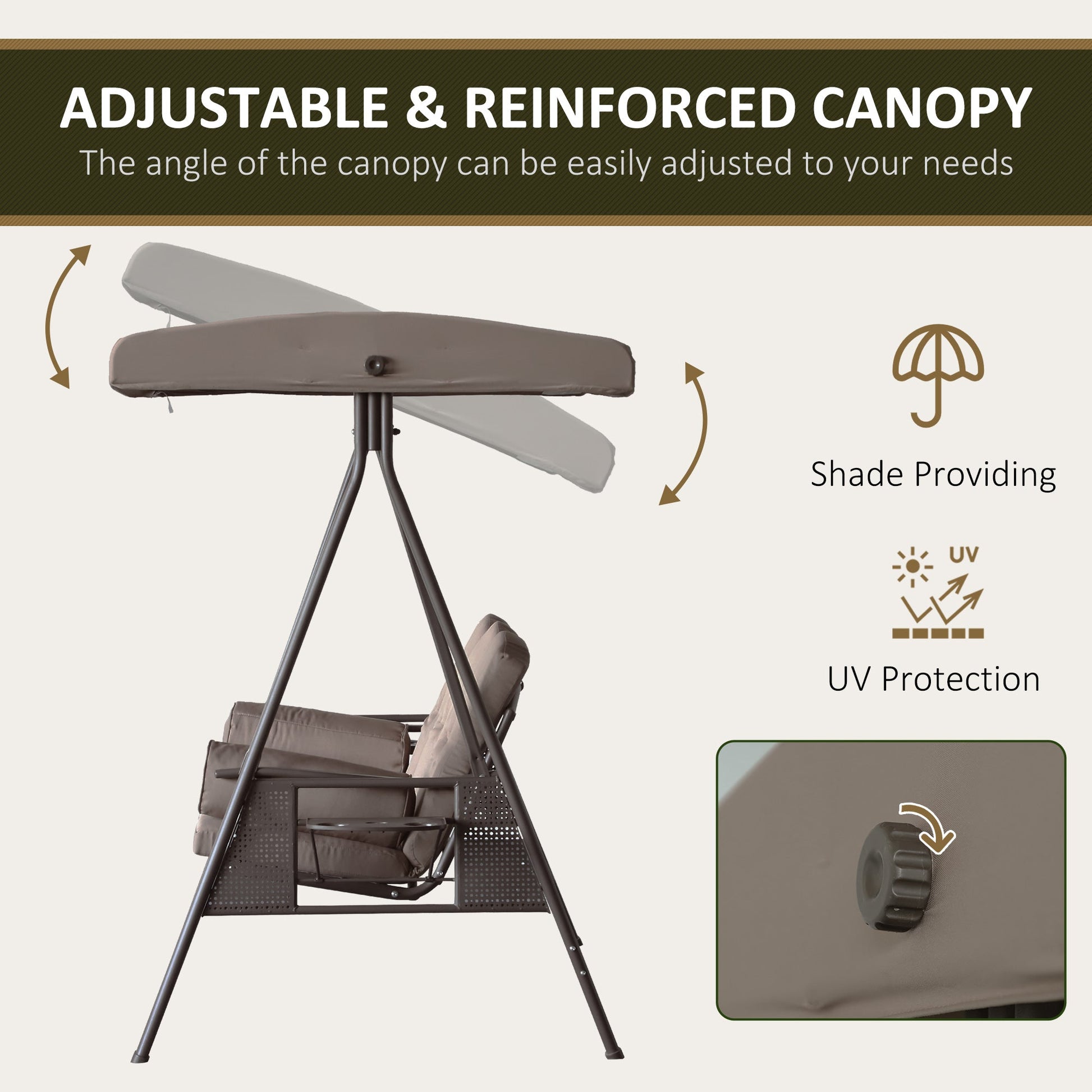 3 Seater Porch Swing Heavy Duty Outdoor Swing Chair Outdoor Lounge Hammock Cushioned Seat w/ Tilt Canopy, Brown