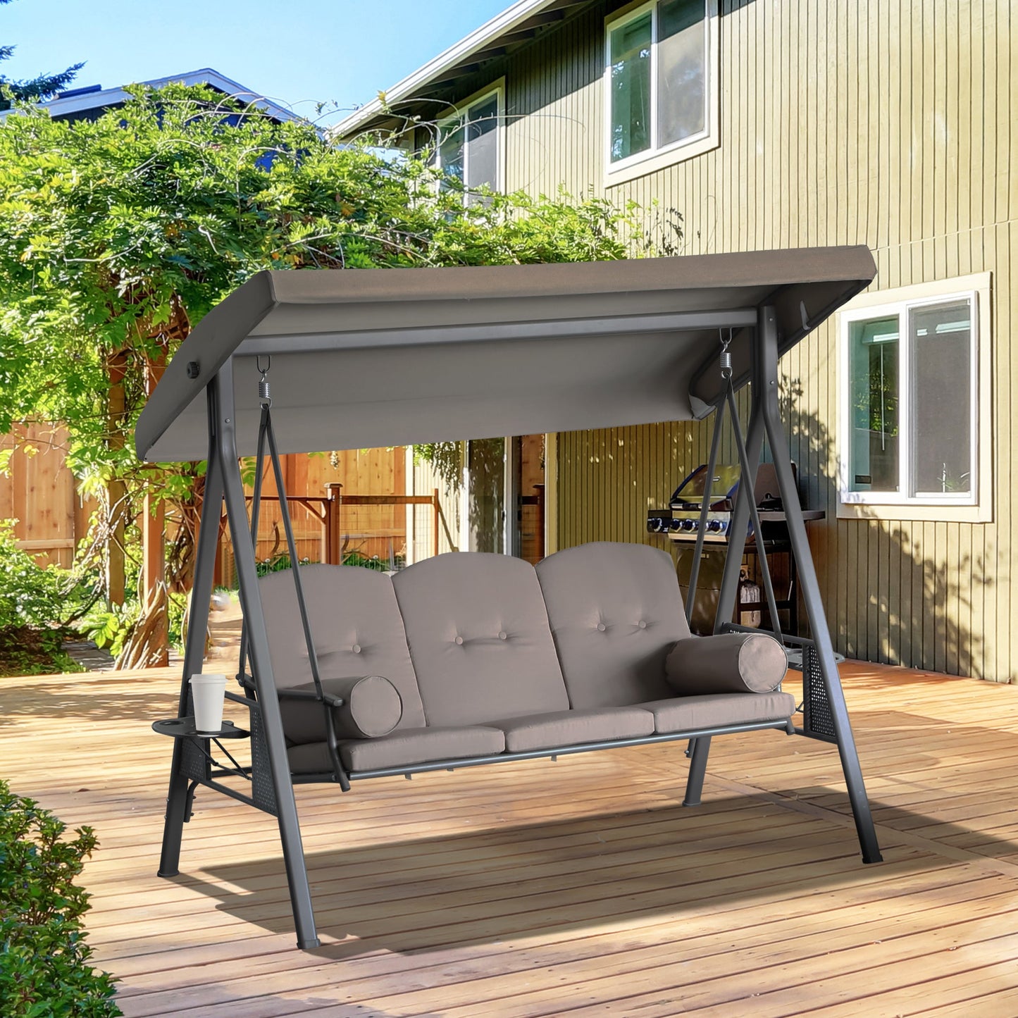 3 Seater Porch Swing Heavy Duty Outdoor Swing Chair Outdoor Lounge Hammock Cushioned Seat w/ Tilt Canopy, Brown