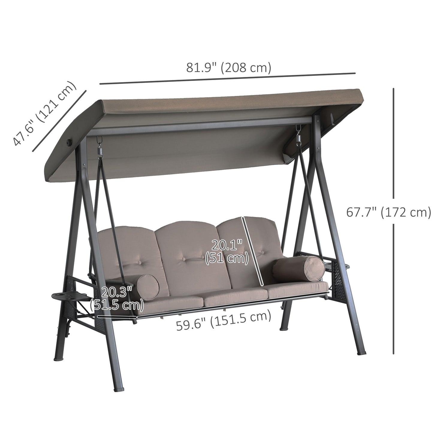 3 Seater Porch Swing Heavy Duty Outdoor Swing Chair Outdoor Lounge Hammock Cushioned Seat w/ Tilt Canopy, Brown