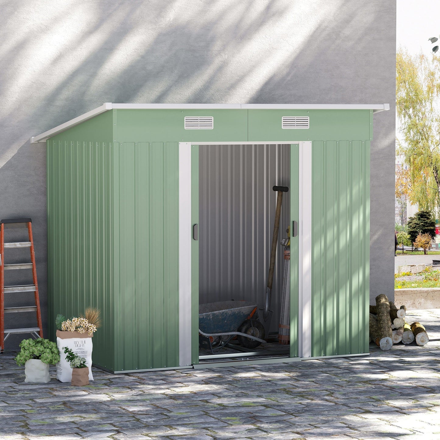 7'x 4' Outdoor Storage Shed, Metal Garden Shed with Lockable Double Doors, Foundation Kit and Vents for Patio, Backyard, Tool Storage, Light Green