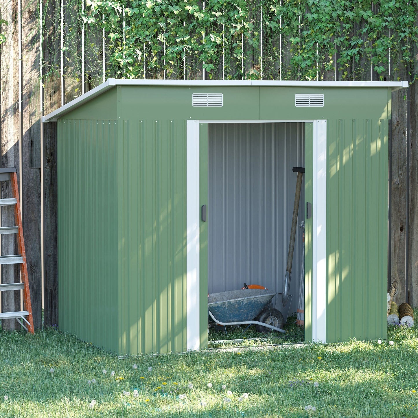 7'x 4' Outdoor Storage Shed, Metal Garden Shed with Lockable Double Doors, Foundation Kit and Vents for Patio, Backyard, Tool Storage, Light Green