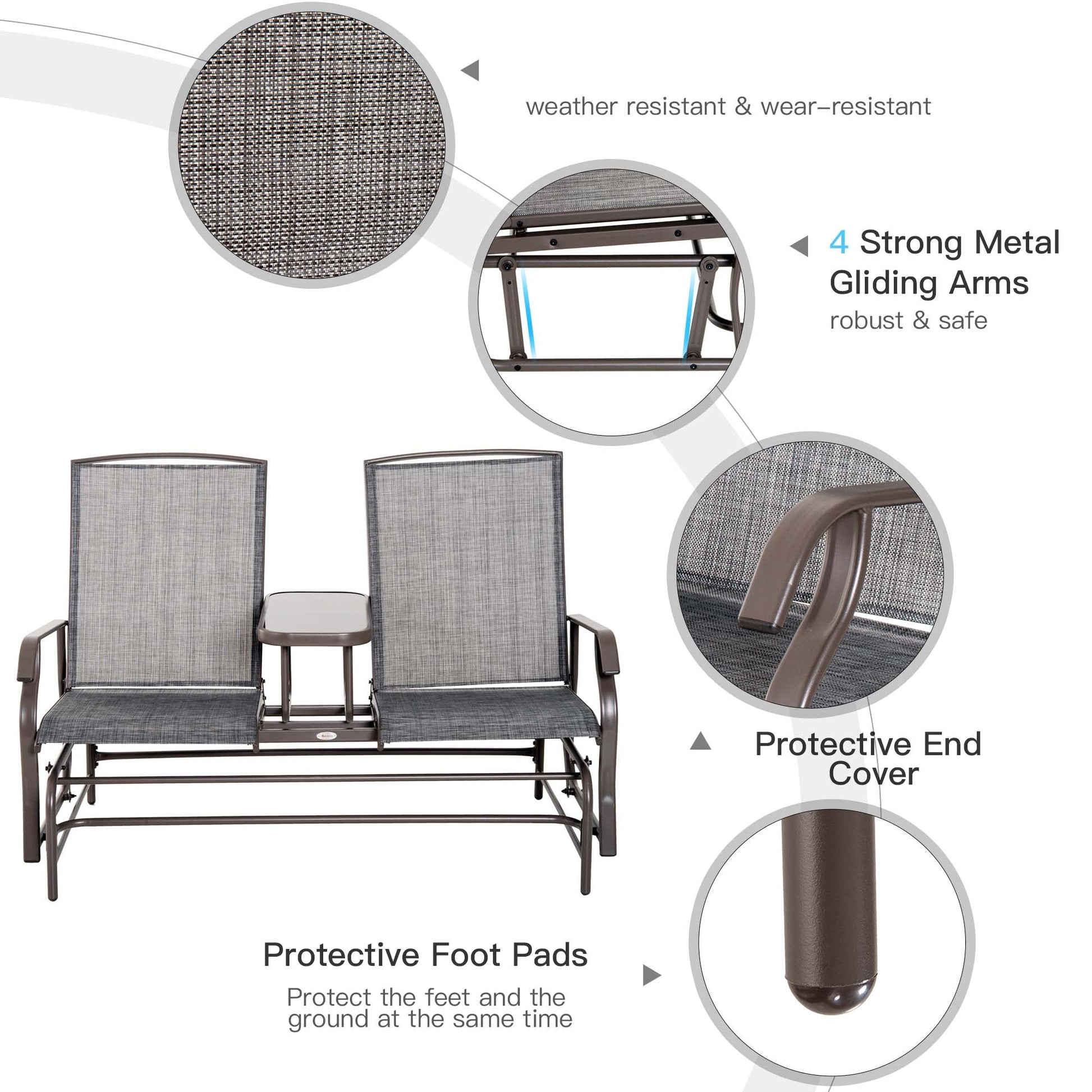 Outdoor Glider Bench with Table, Patio Loveseat for 2 Persons, Garden Glider Rocking Chair with Breathable Mesh Fabric, Grey
