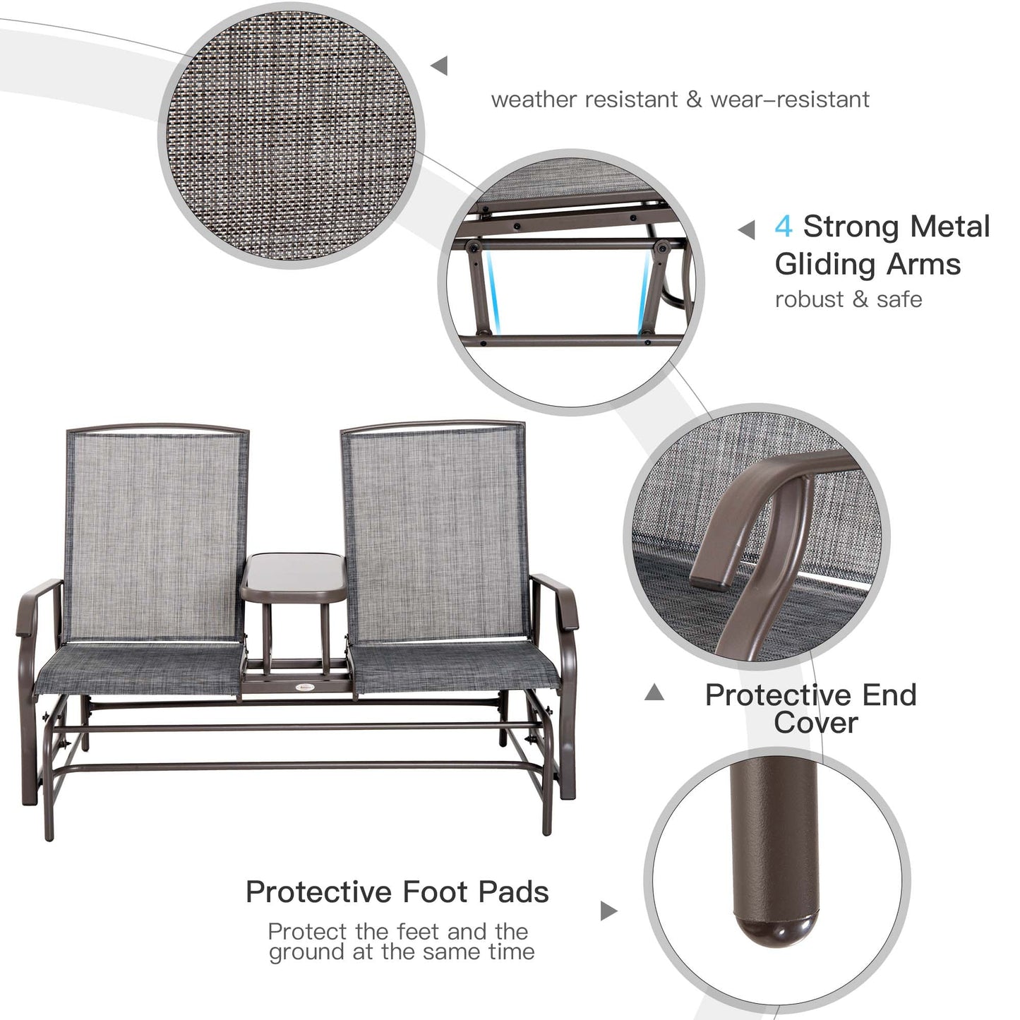 Outdoor Glider Bench with Table, Patio Loveseat for 2 Persons, Garden Glider Rocking Chair with Breathable Mesh Fabric, Grey