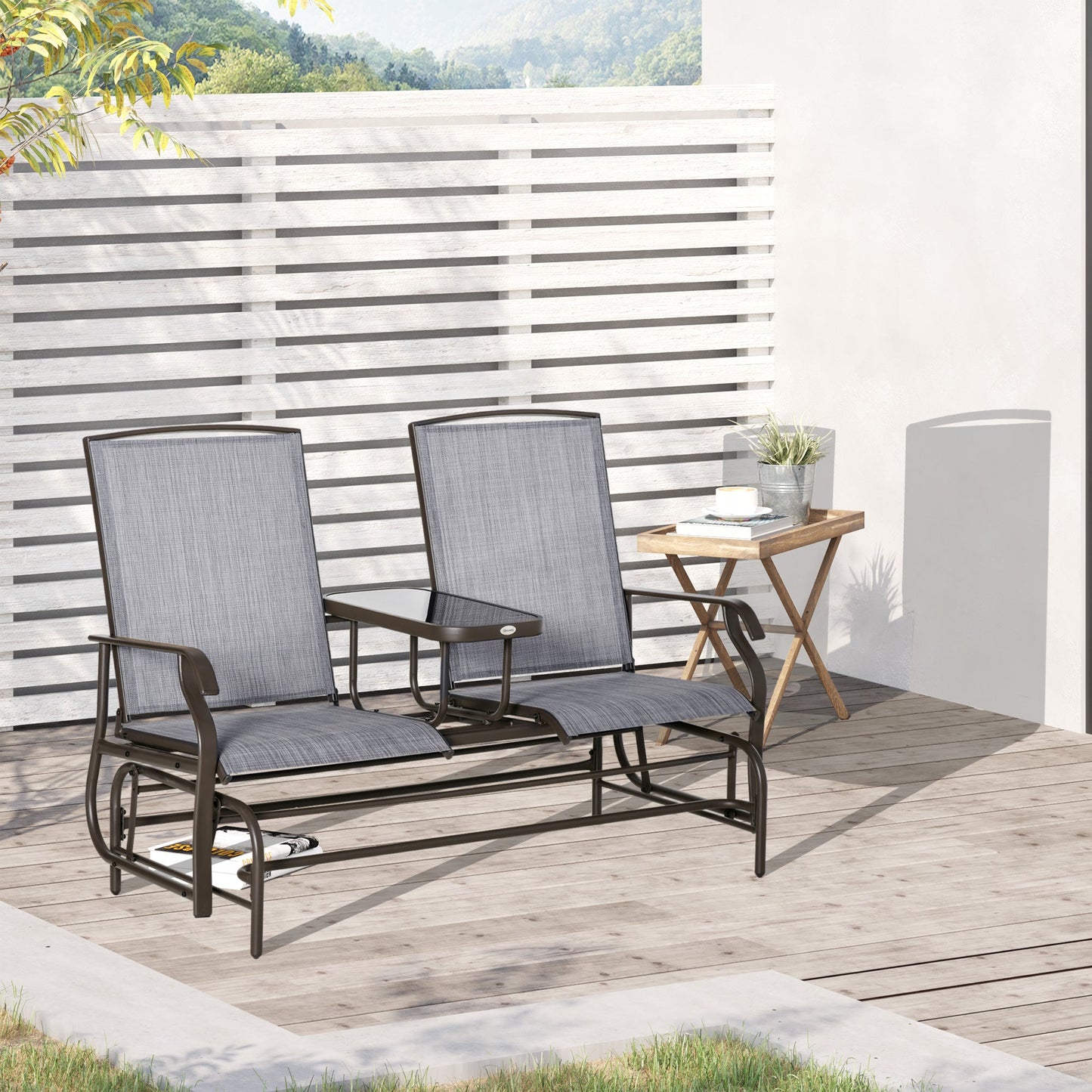 Outdoor Glider Bench with Table, Patio Loveseat for 2 Persons, Garden Glider Rocking Chair with Breathable Mesh Fabric, Grey