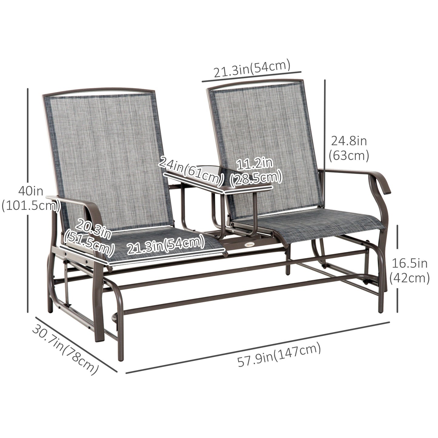 Outdoor Glider Bench with Table, Patio Loveseat for 2 Persons, Garden Glider Rocking Chair with Breathable Mesh Fabric, Grey