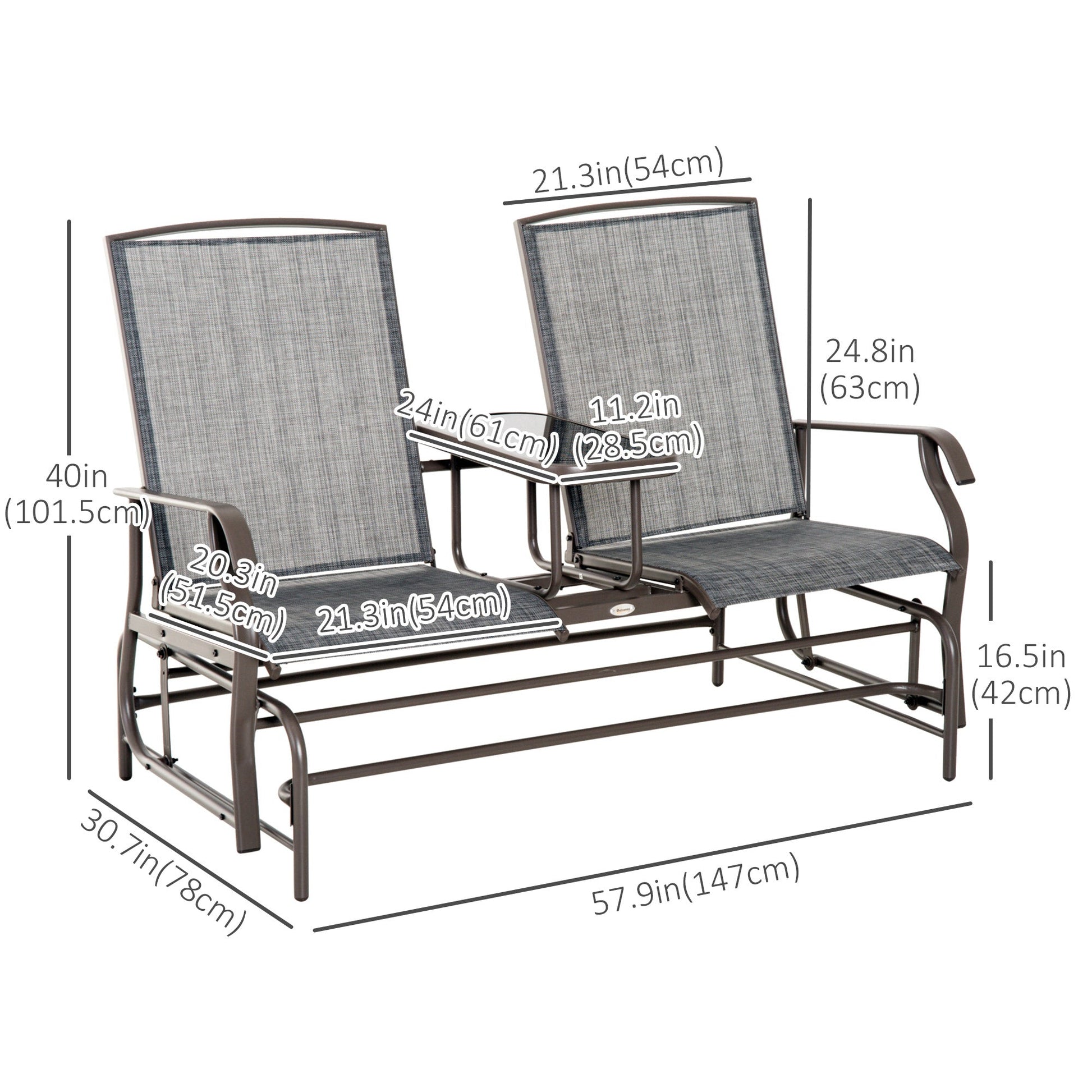 Outdoor Glider Bench with Table, Patio Loveseat for 2 Persons, Garden Glider Rocking Chair with Breathable Mesh Fabric, Grey