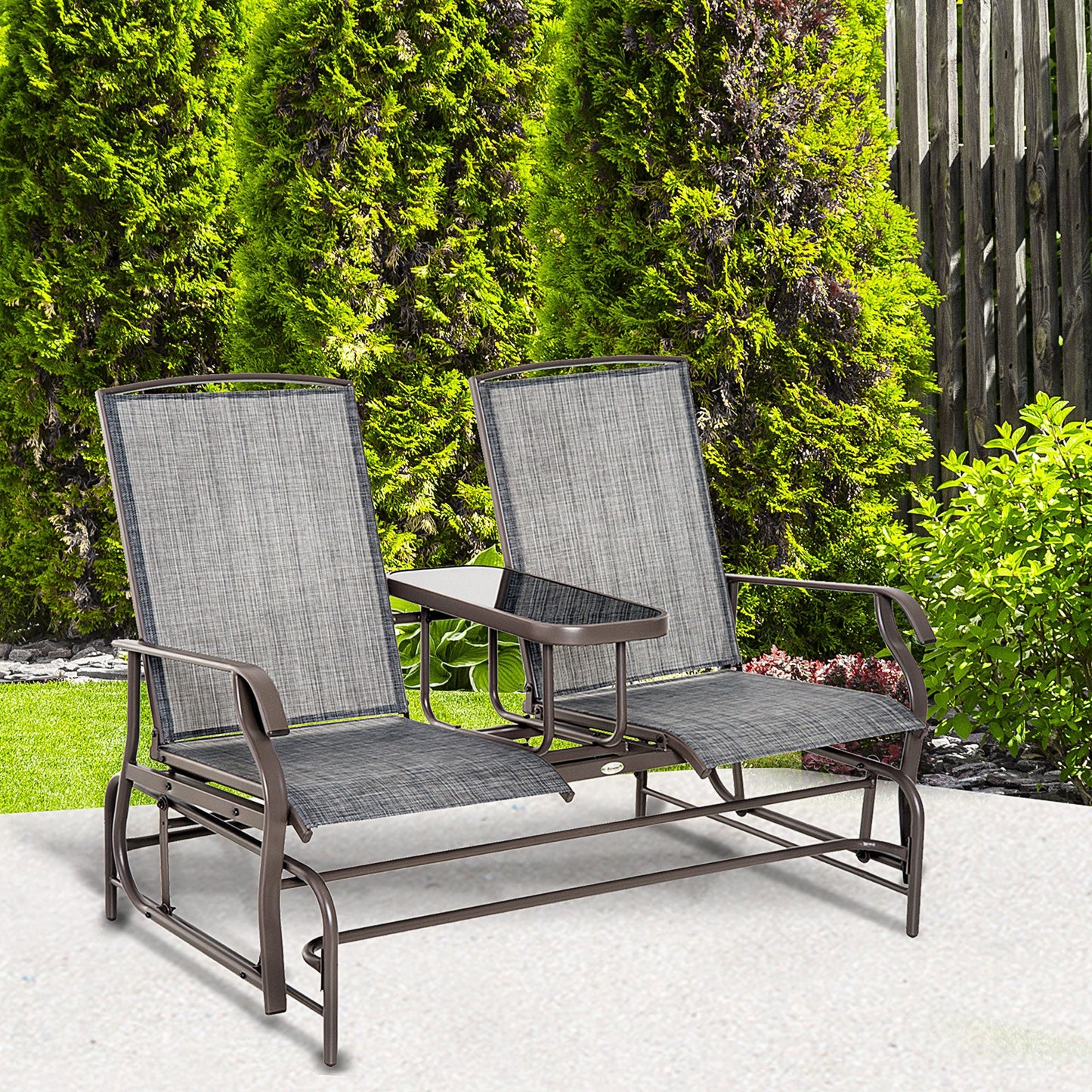 Outdoor Glider Bench with Table, Patio Loveseat for 2 Persons, Garden Glider Rocking Chair with Breathable Mesh Fabric, Grey