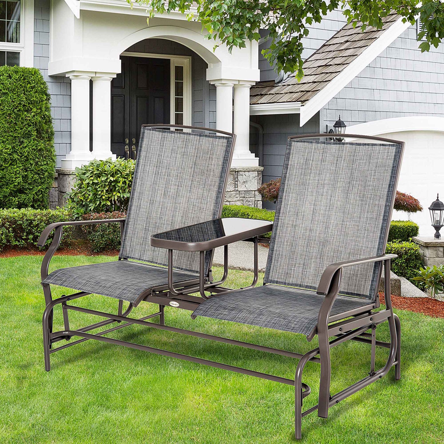 Outdoor Glider Bench with Table, Patio Loveseat for 2 Persons, Garden Glider Rocking Chair with Breathable Mesh Fabric, Grey