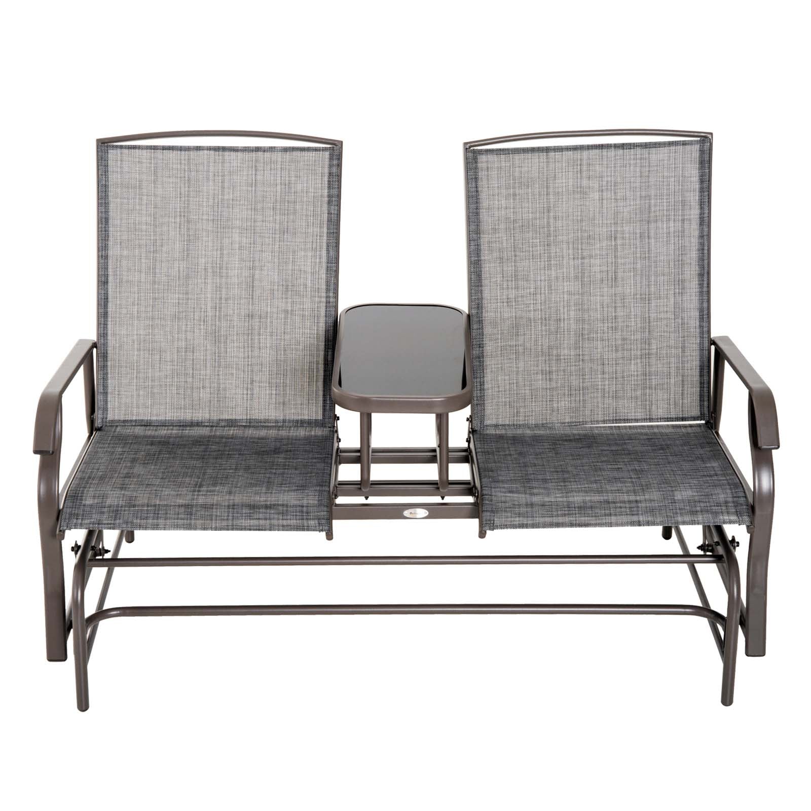 Outdoor Glider Bench with Table, Patio Loveseat for 2 Persons, Garden Glider Rocking Chair with Breathable Mesh Fabric, Grey