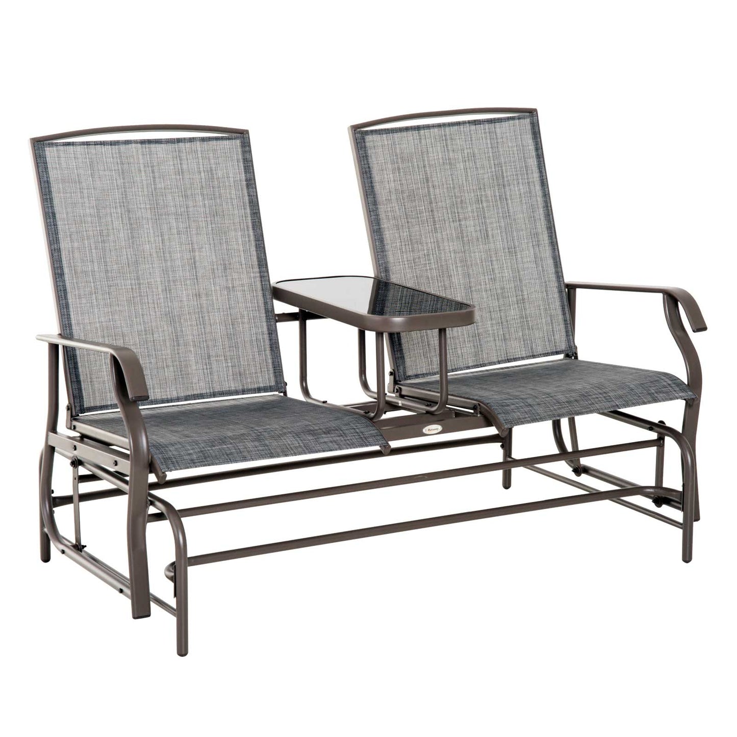 Outdoor Glider Bench with Table, Patio Loveseat for 2 Persons, Garden Glider Rocking Chair with Breathable Mesh Fabric, Grey