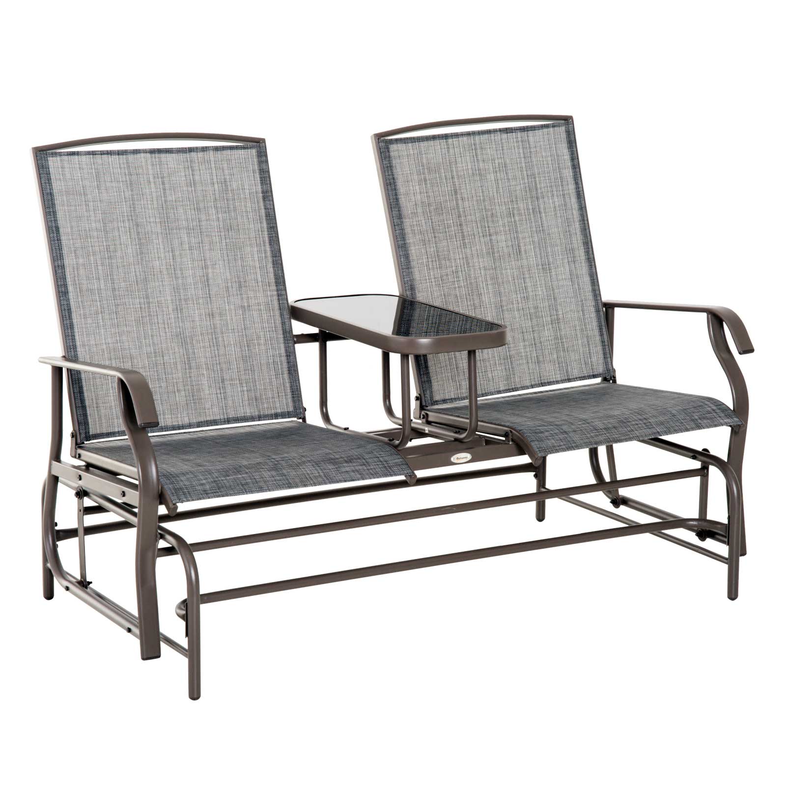 Outdoor Glider Bench with Table, Patio Loveseat for 2 Persons, Garden Glider Rocking Chair with Breathable Mesh Fabric, Grey